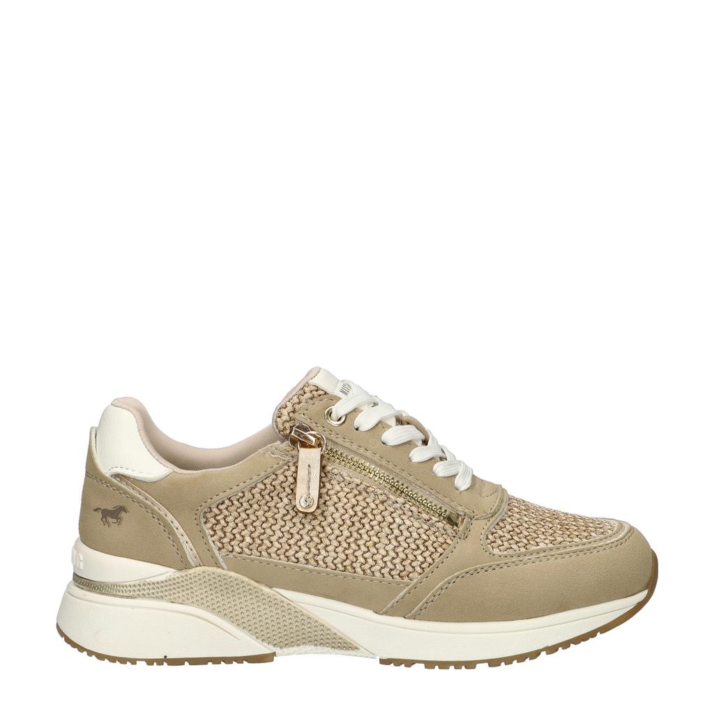 Beige dames Mustang sneakers van suèdine met rits- en vetersluiting