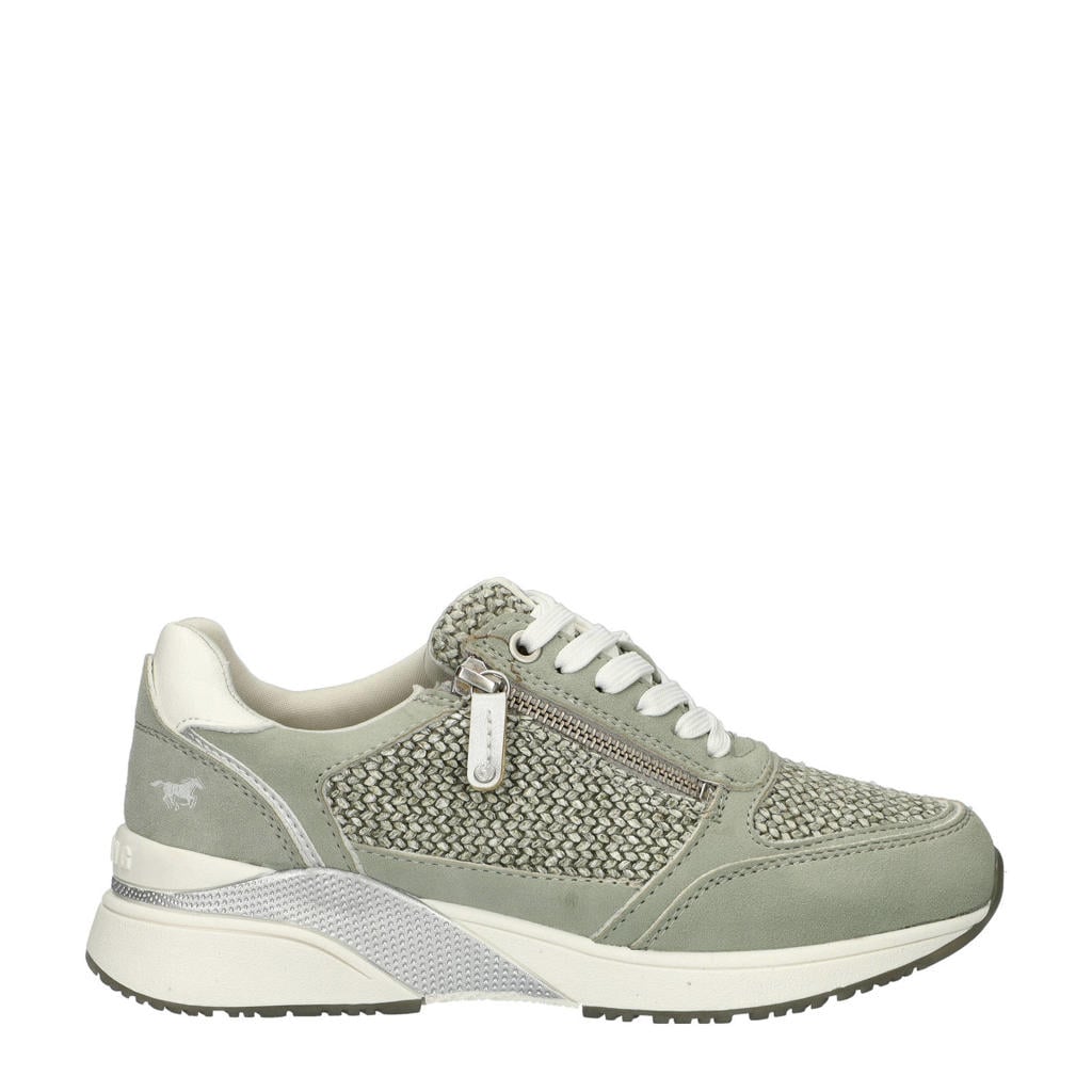 Groene dames Mustang sneakers van suèdine met sleehak en rits- en vetersluiting