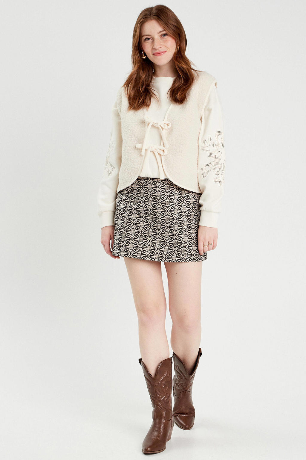 Zwart en ecru dames Cache Cache mini rok gemaakt van polyester en met ritssluiting