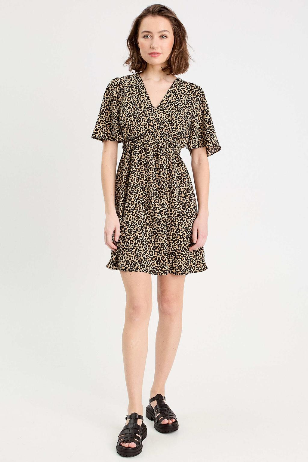 Bruine dames Cache Cache korte jurk van polyester met dierenprint, korte mouwen, V-hals en elastische tailleband