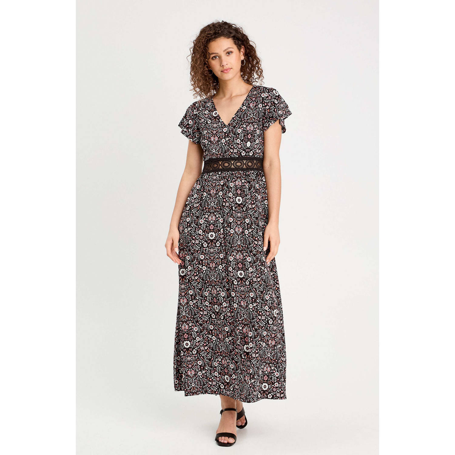 Cache maxi jurk broderie zwart