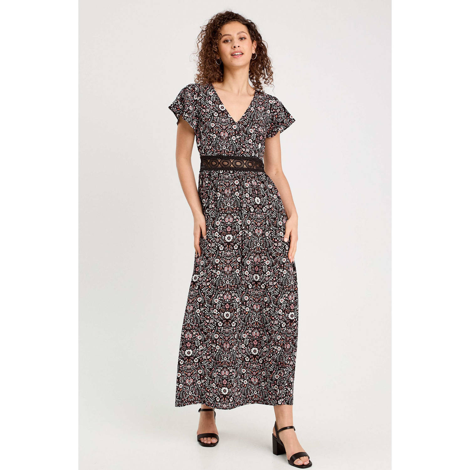 Cache maxi jurk broderie zwart