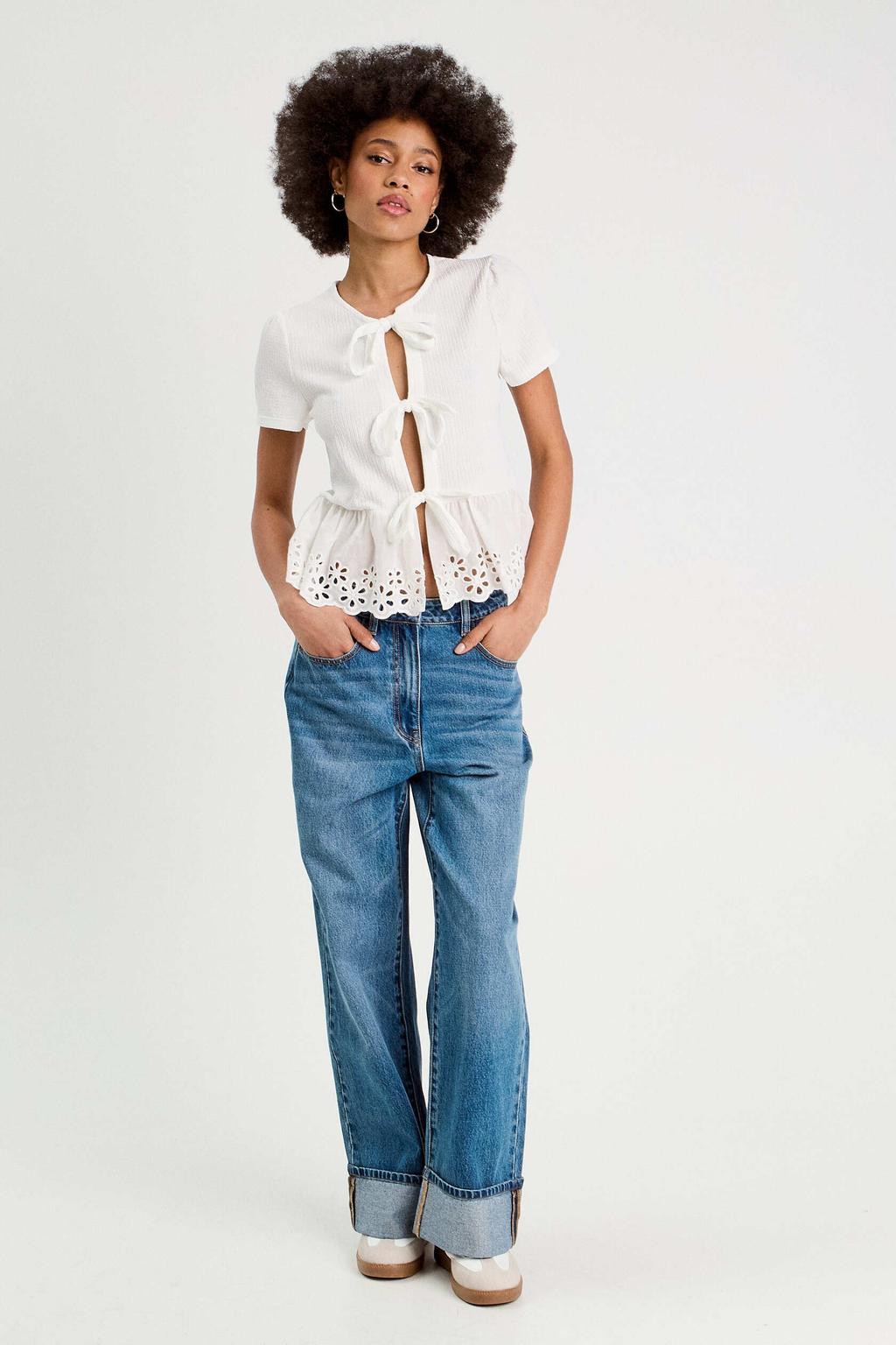 Medium blue denim dames Cache Cache wide leg jeans van denim met rits- en knoopsluiting en effen