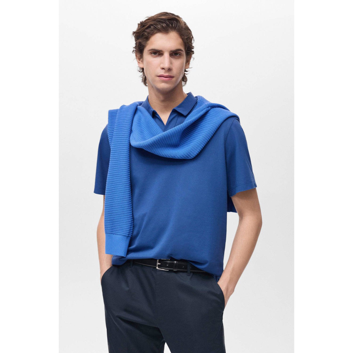 Mango Man polo fijn gebreid blauw