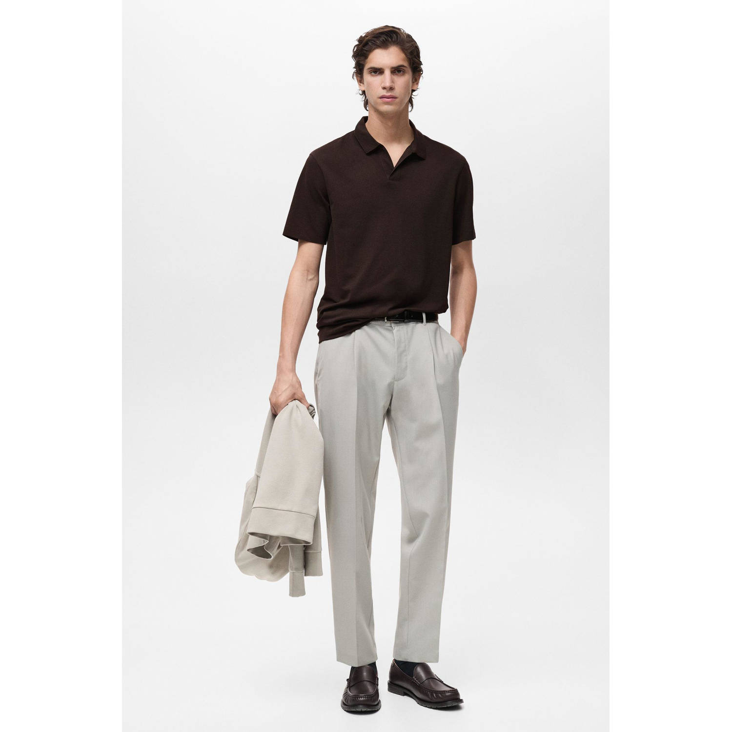 Mango Man slim polo fijn gebreid donkerbruin