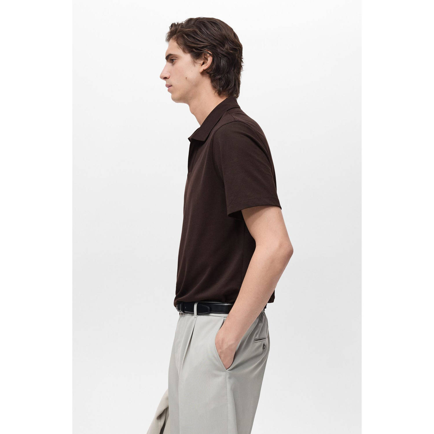 Mango Man slim polo fijn gebreid donkerbruin