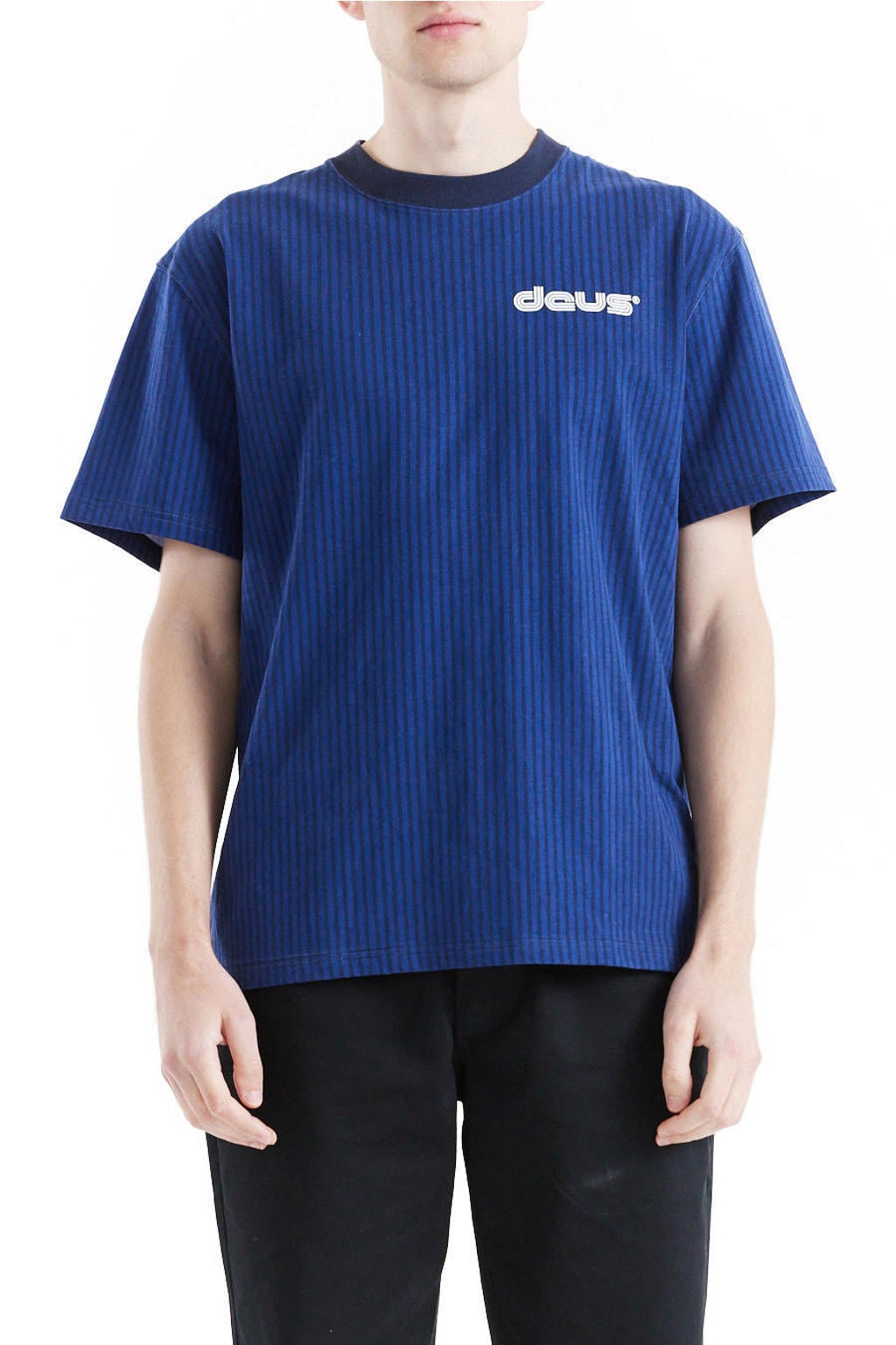 Blauwe heren Deus Ex Machina T-shirt van katoen met backprint, korte mouwen en ronde hals