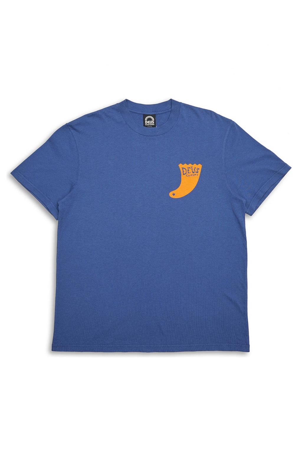Blauwe heren Deus Ex Machina T-shirt van katoen met printopdruk, korte mouwen en ronde hals
