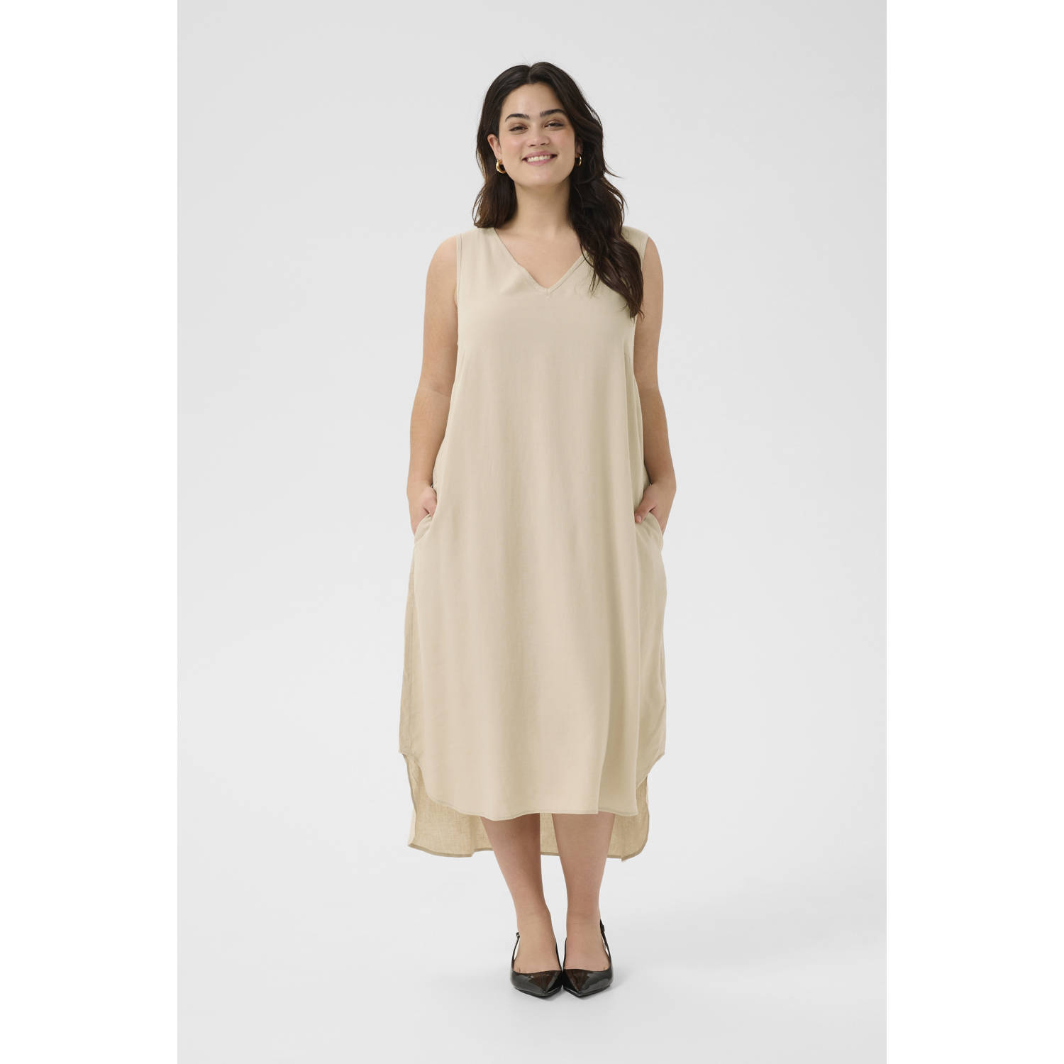 Kaffe Curve linnen midi jurk beige