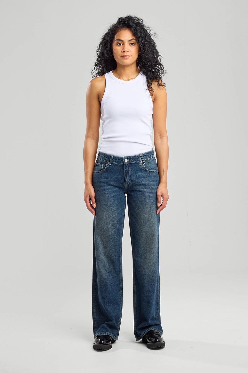 Dark blue denim dames America Today Straight fit jeans dark blue van denim met low waist en effen