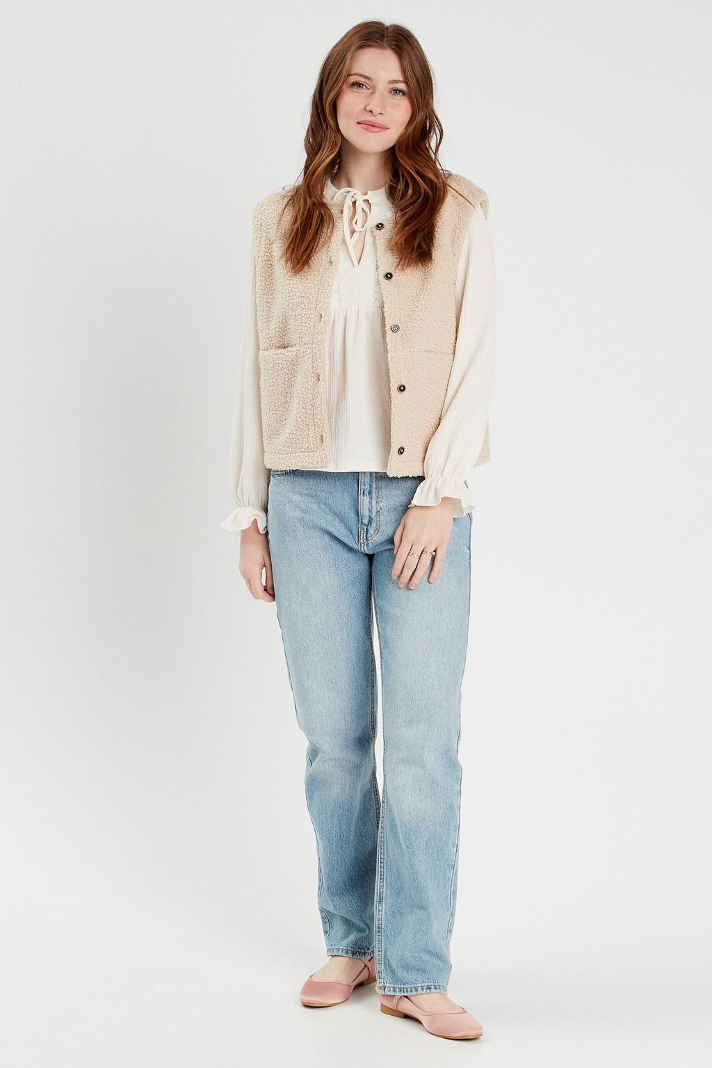 Ecru dames Cache Cache top van polyester met effen, lange mouwen en plooien