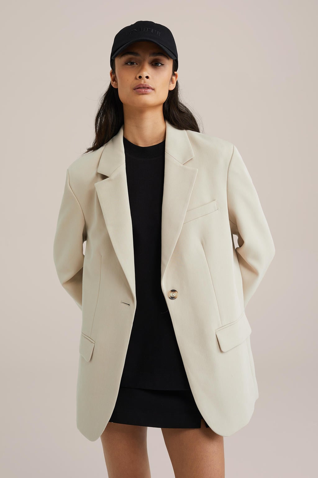 Beige dames WE Fashion oversized blazer van polyester met effen, lange mouwen, reverskraag en knoopsluiting