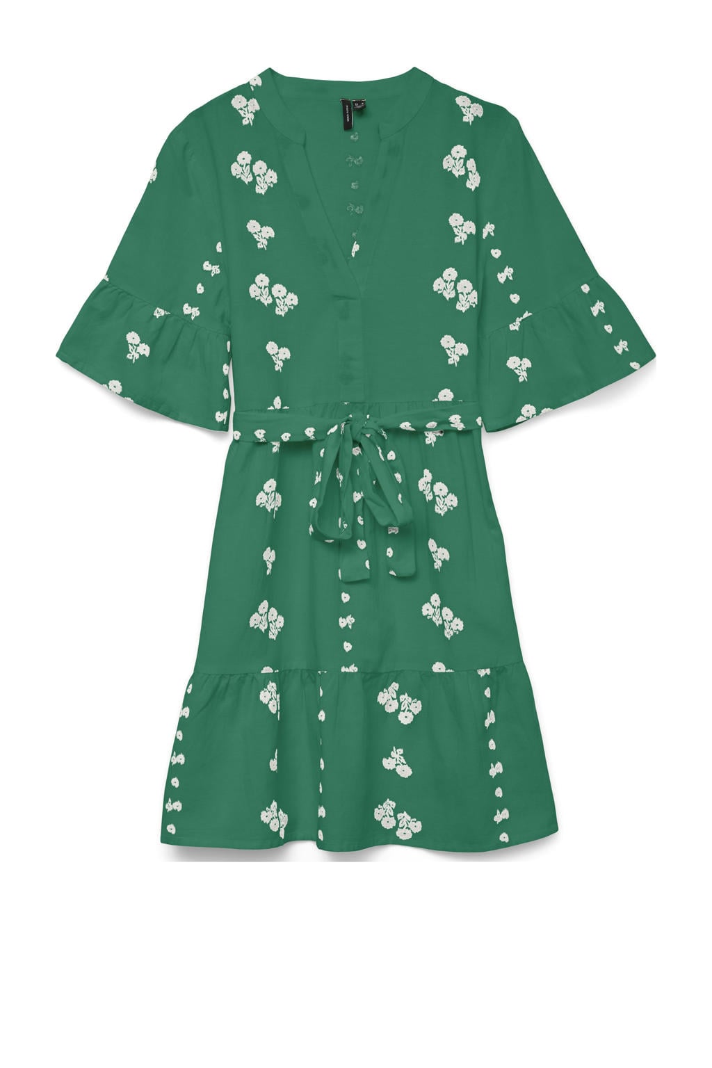 Groen en witte dames VERO MODA zomerjurk van viscose met effen, korte mouwen, V-hals en geweven detail