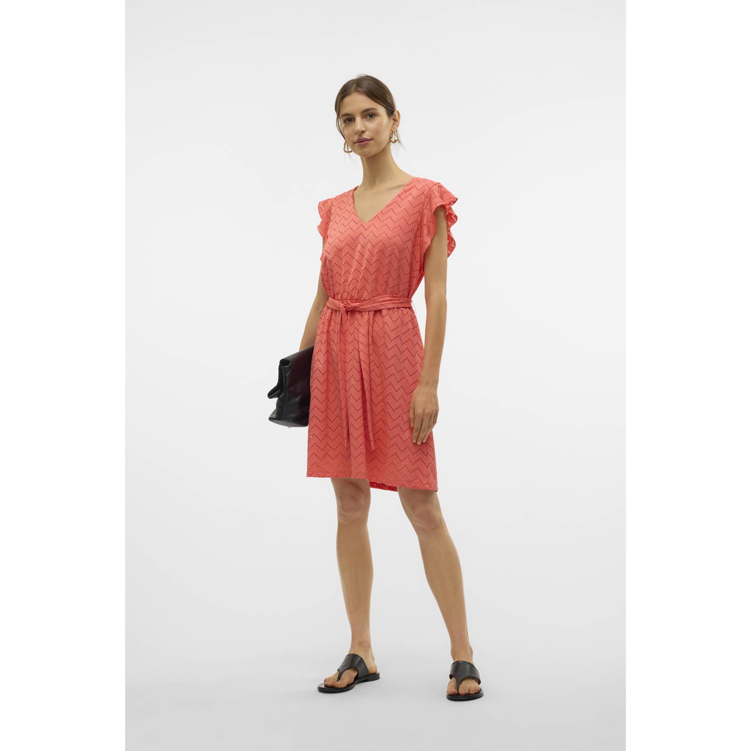 VERO MODA zomerjurk broderie koraalrood