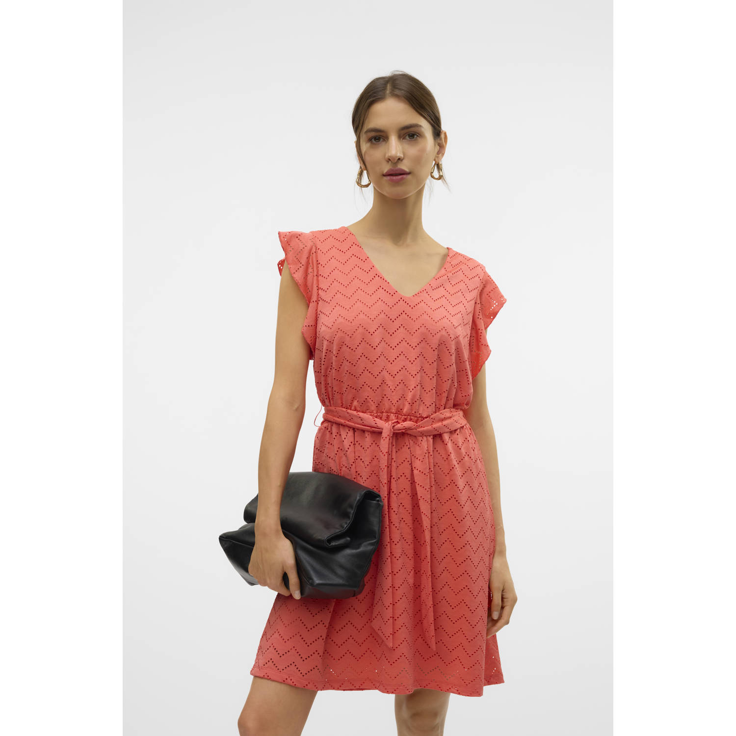 VERO MODA zomerjurk broderie koraalrood