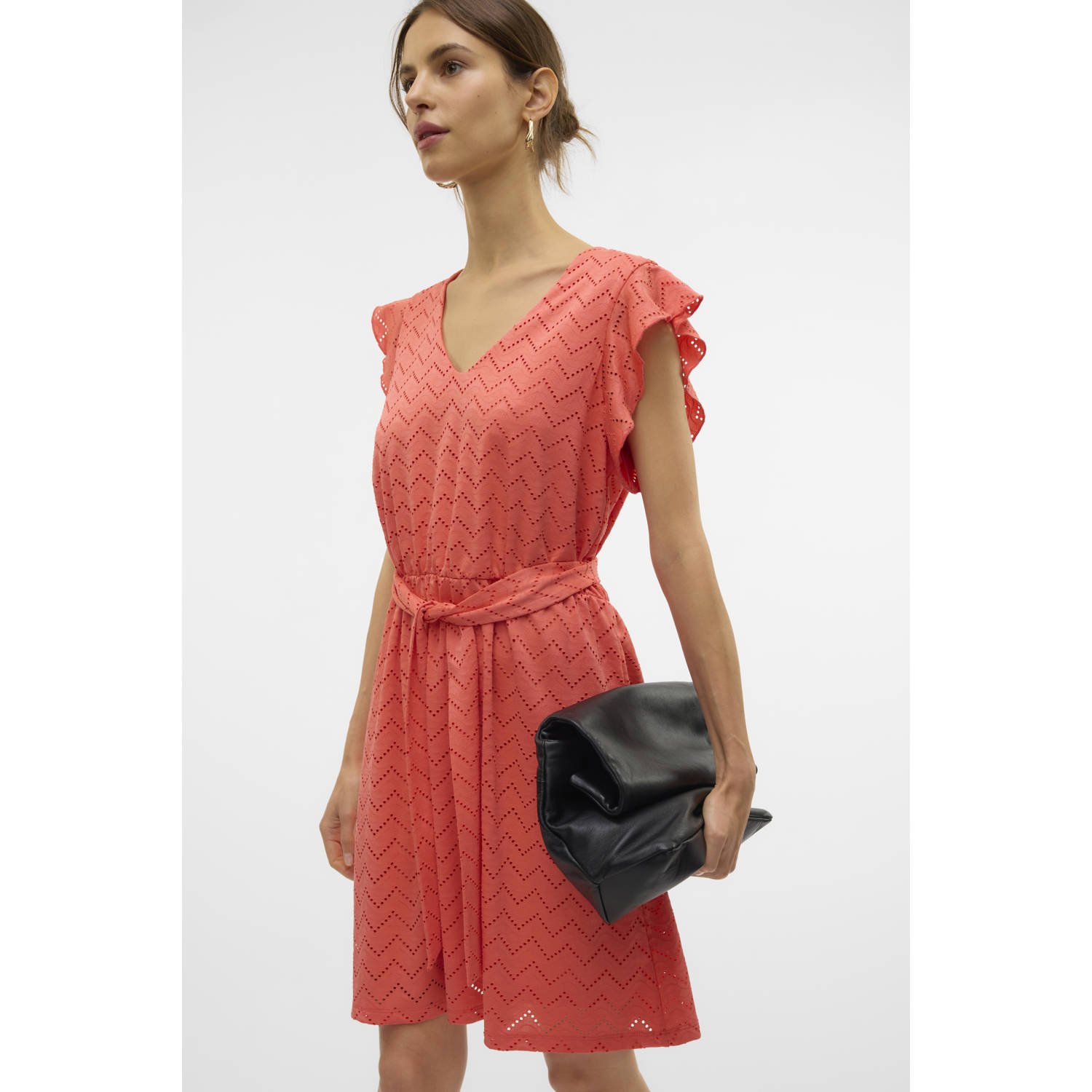 VERO MODA zomerjurk broderie koraalrood