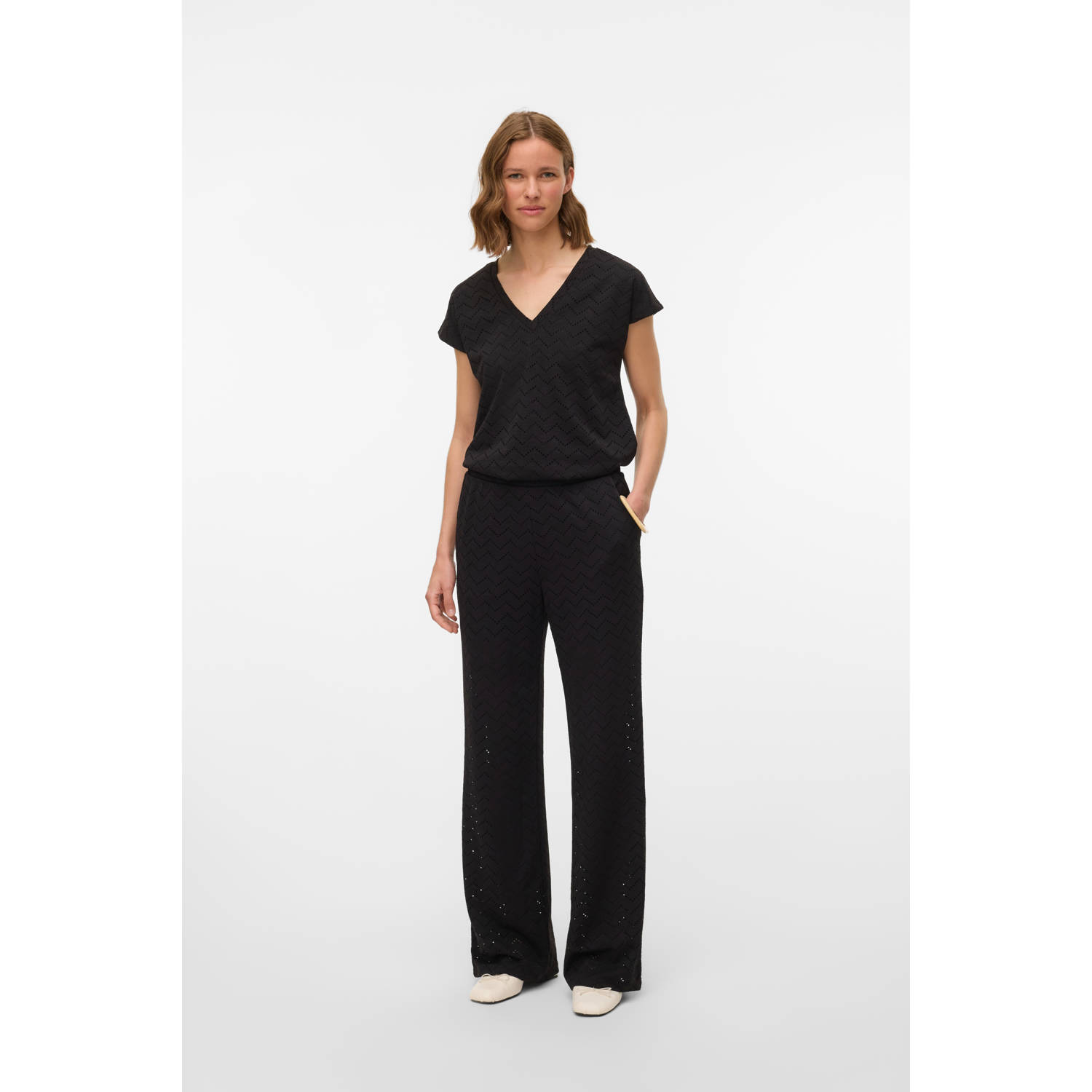 VERO MODA wide leg regular waist casual broek zwart crochet