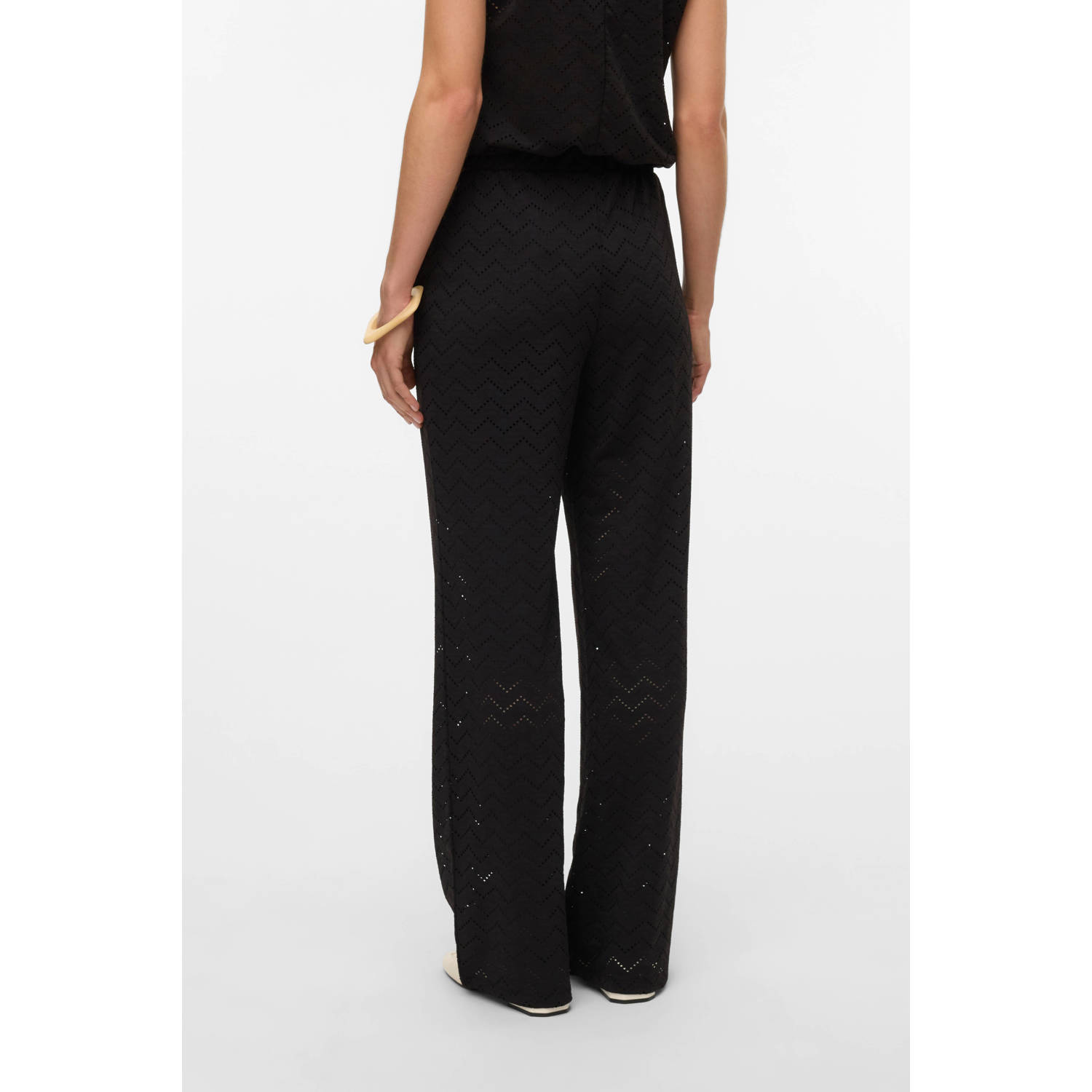 VERO MODA wide leg regular waist casual broek zwart crochet