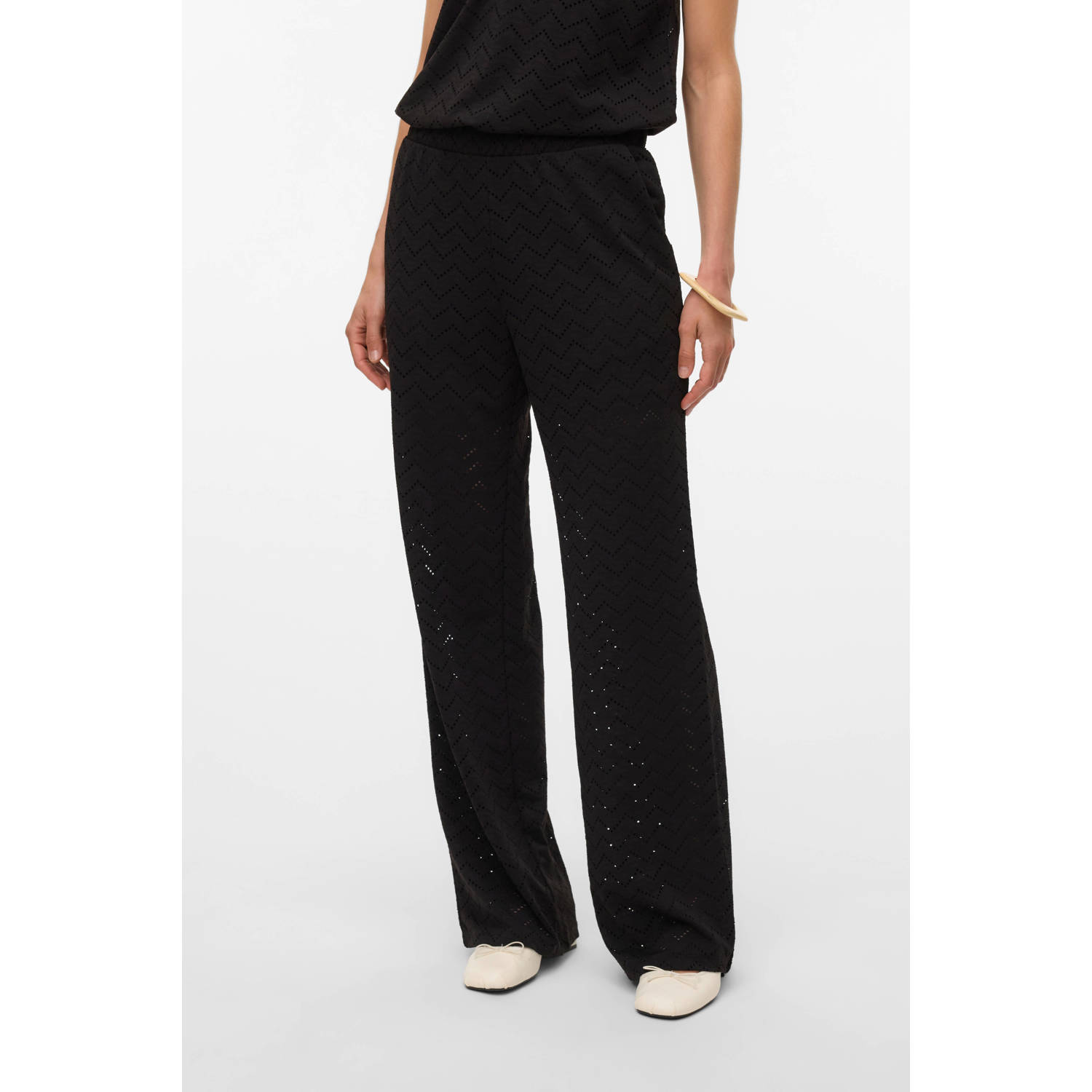 VERO MODA wide leg regular waist casual broek zwart crochet