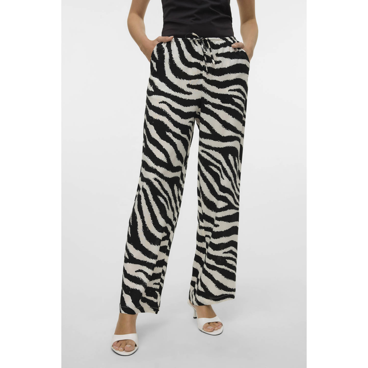VERO MODA wide leg regular waist casual broek zwart