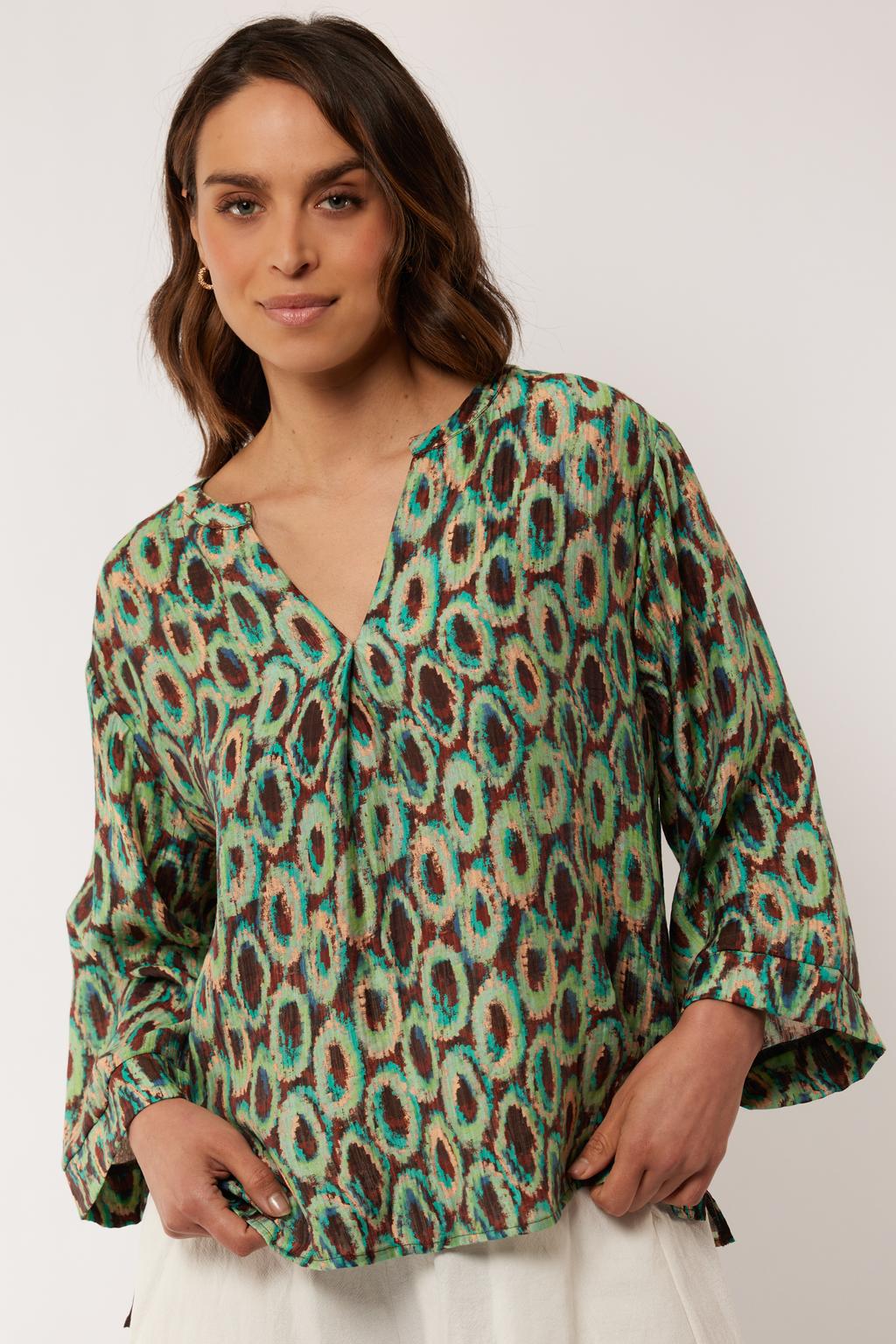 Groen en bruine dames G-maxx blousetop van rayon met driekwart mouwen en V-hals