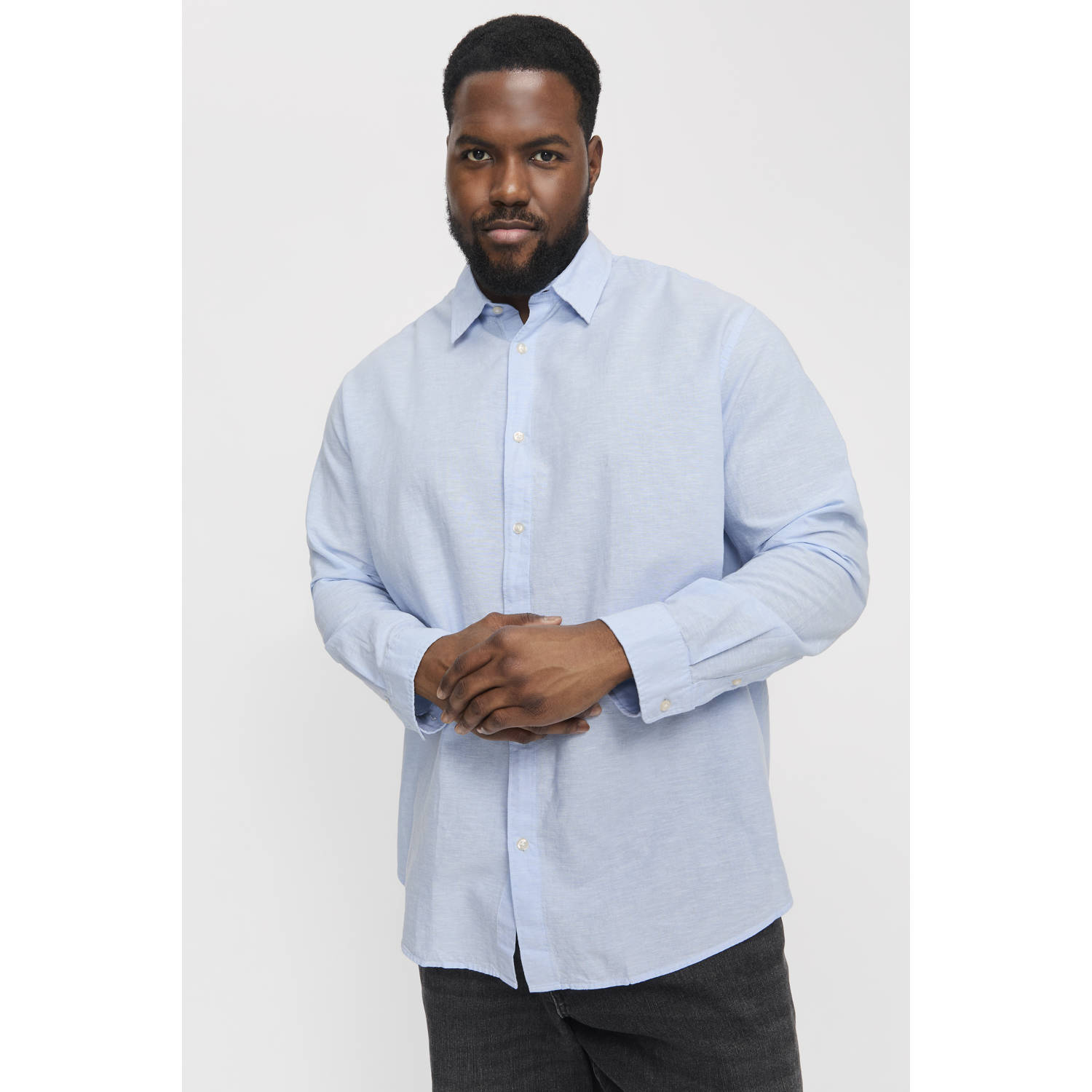 JACK & JONES PLUS SIZE linnen casual overhemd lichtblauw