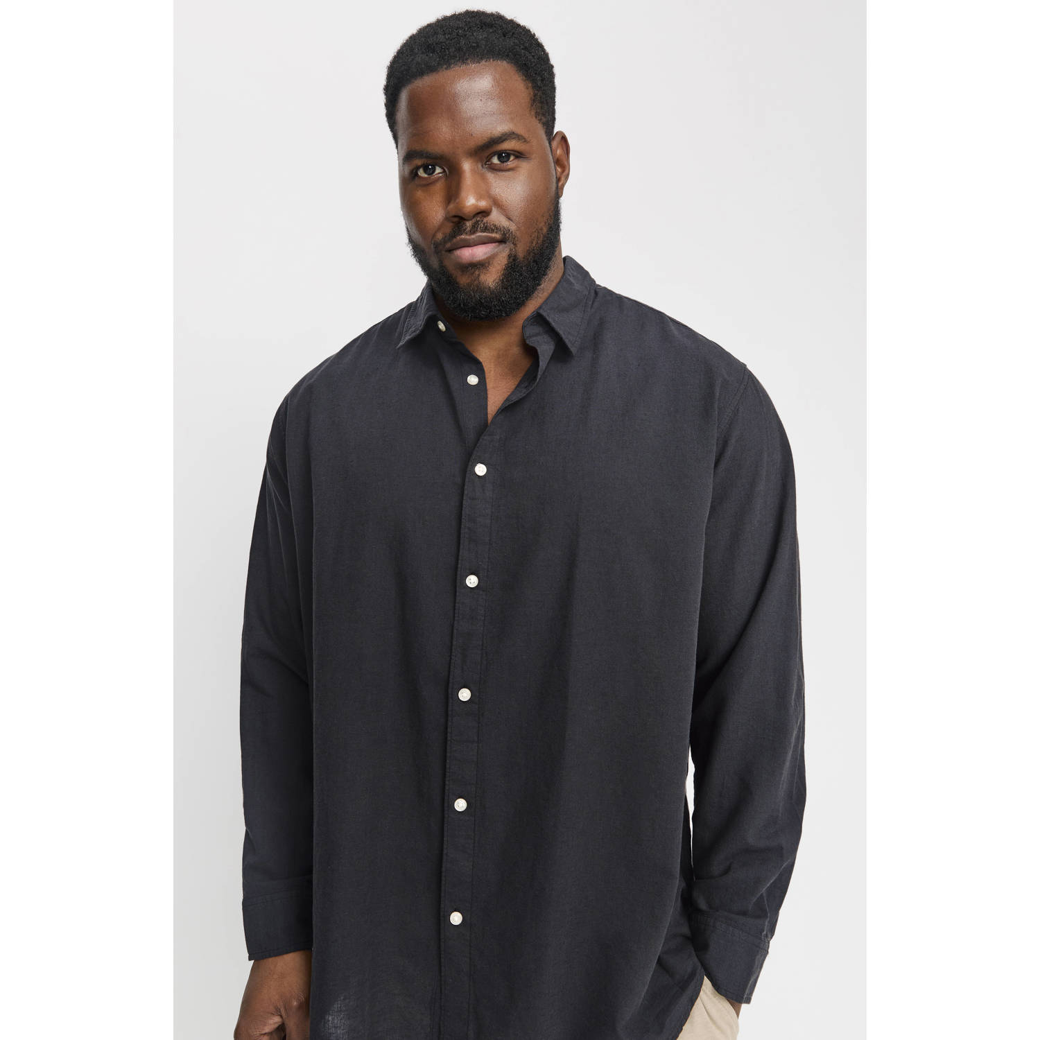 JACK & JONES PLUS SIZE linnen casual overhemd zwart
