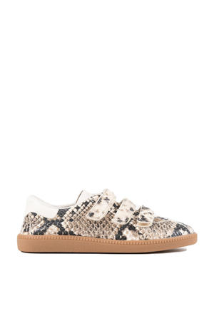 Bob-bie  leren sneakers met slangenprint beige/zwart