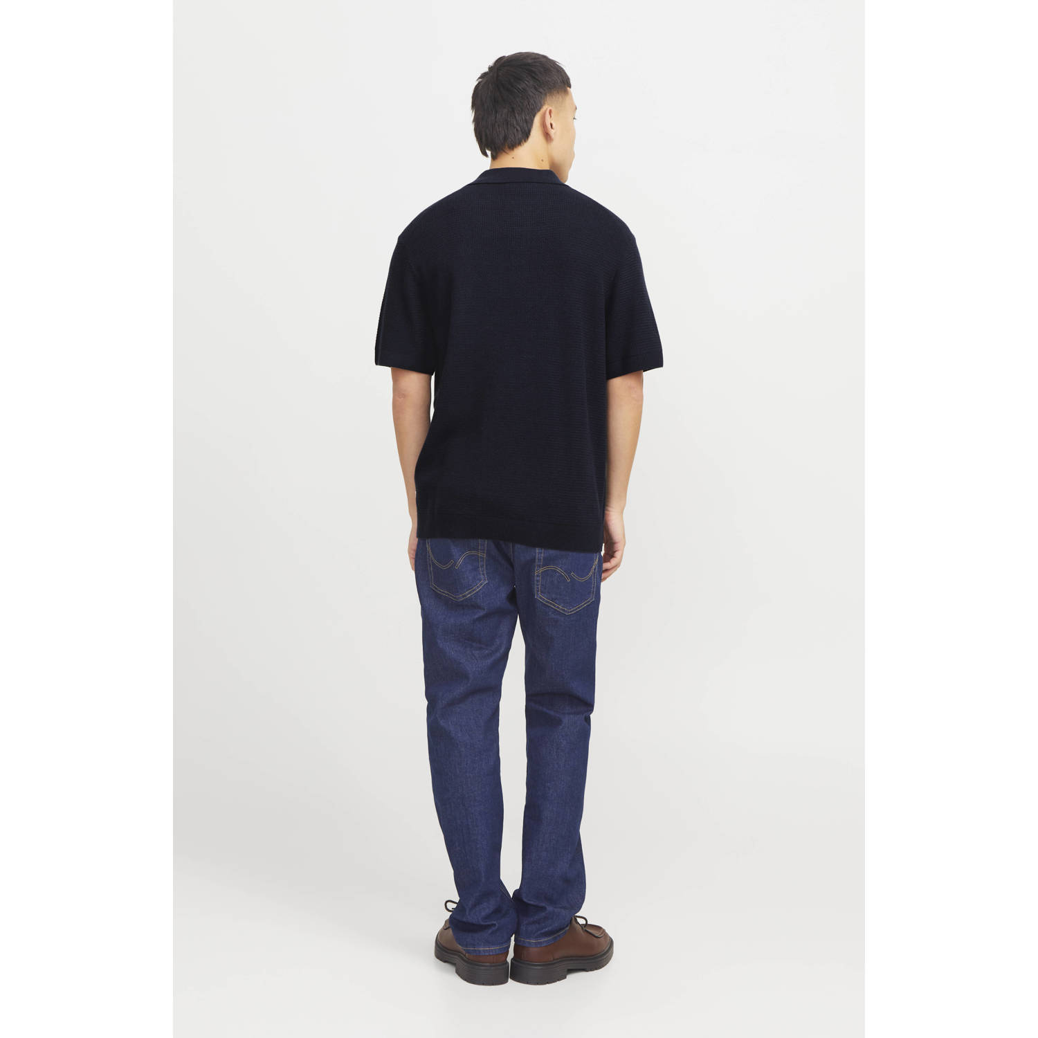 JACK & JONES PREMIUM regular polo gebreid donkerblauw