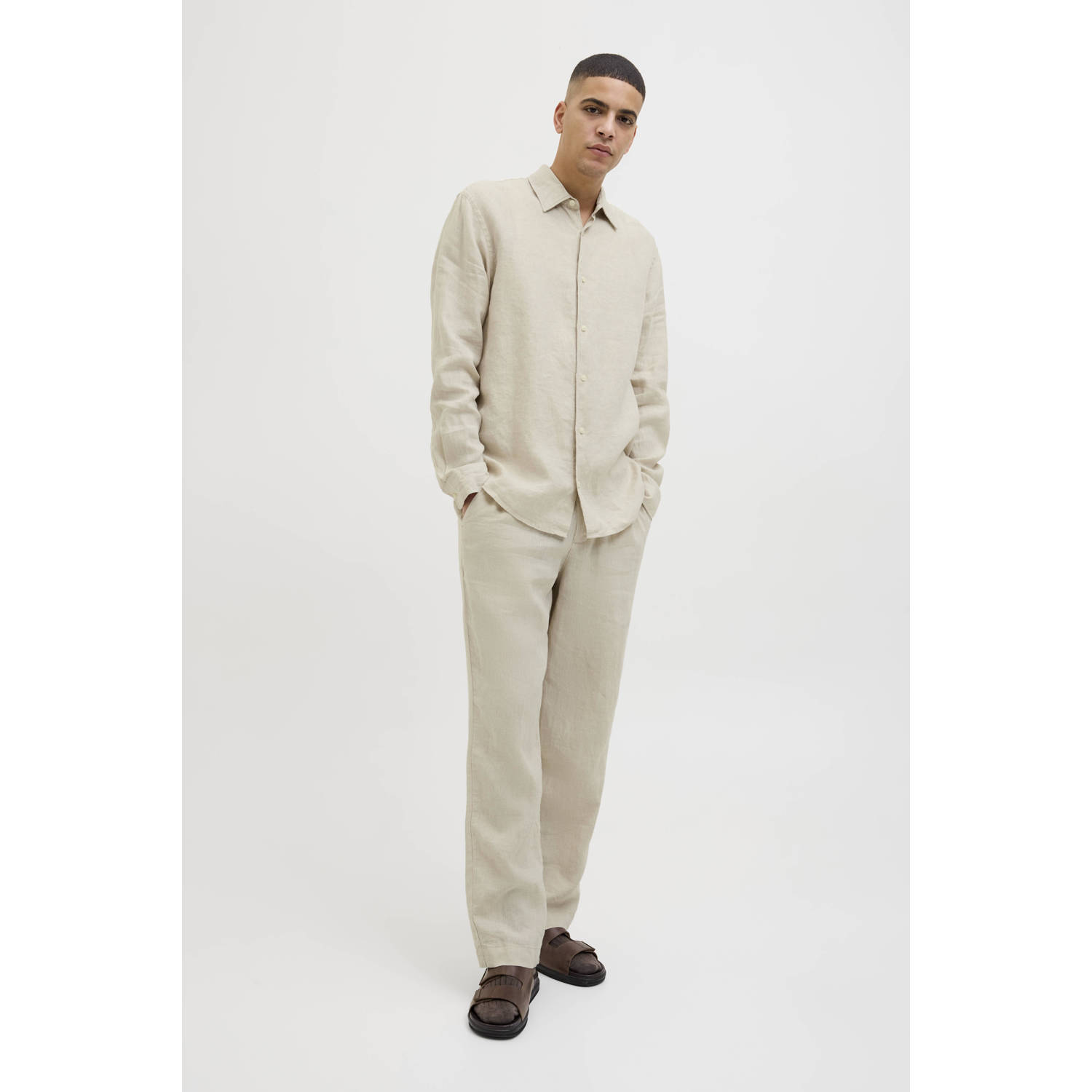 JACK & JONES PREMIUM linnen casual overhemd ecru