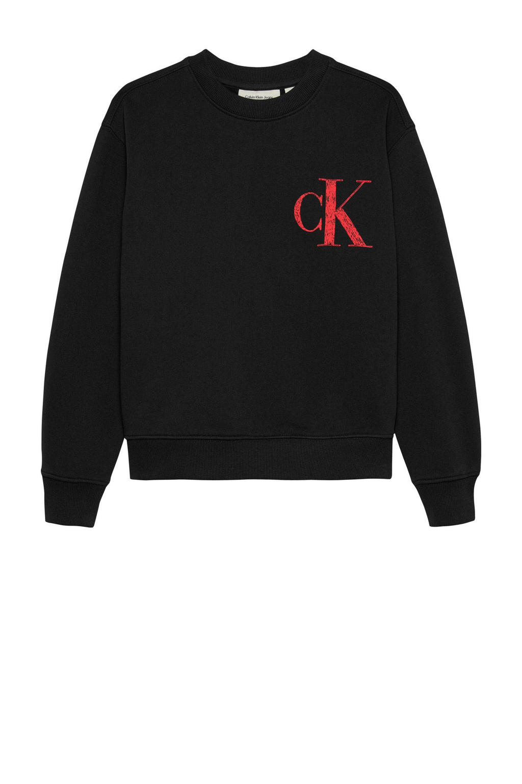 Zwart en rode jongens Calvin Klein sweater met backprint, lange mouwen en ronde hals