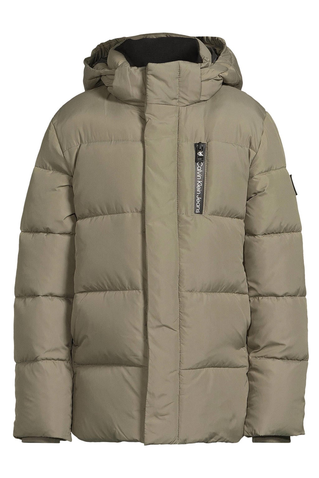 Groene jongens Calvin Klein gewatteerde jas groen van polyester met effen, lange mouwen, capuchon en ritssluiting