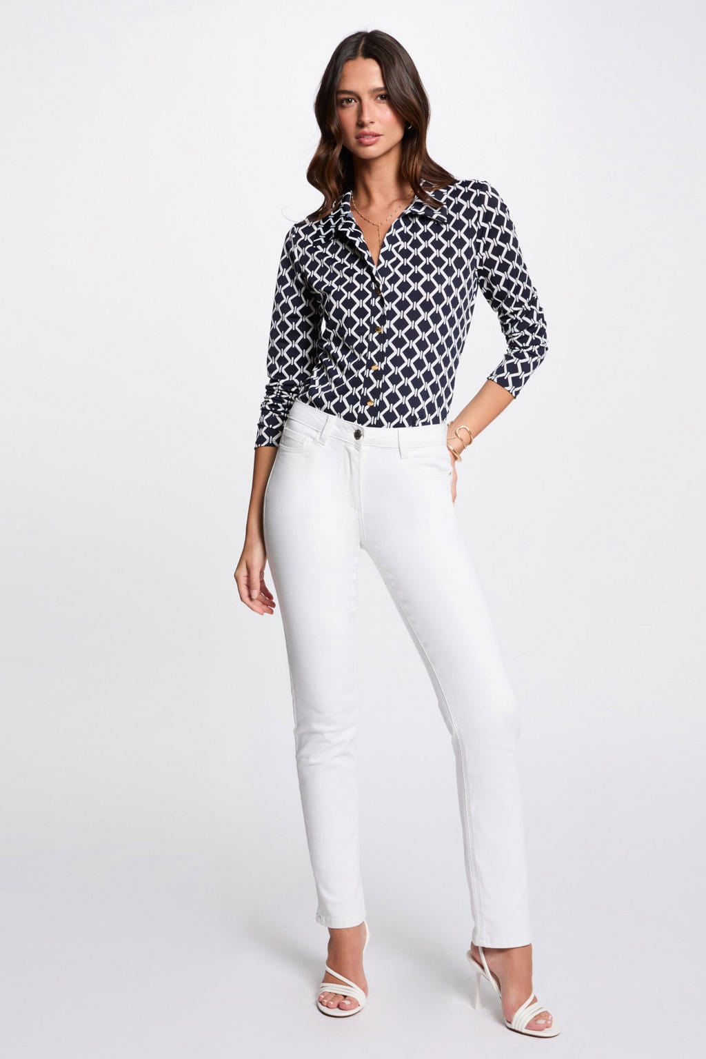 Witte dames Morgan slim regular waist broek van stretchkatoen met effen