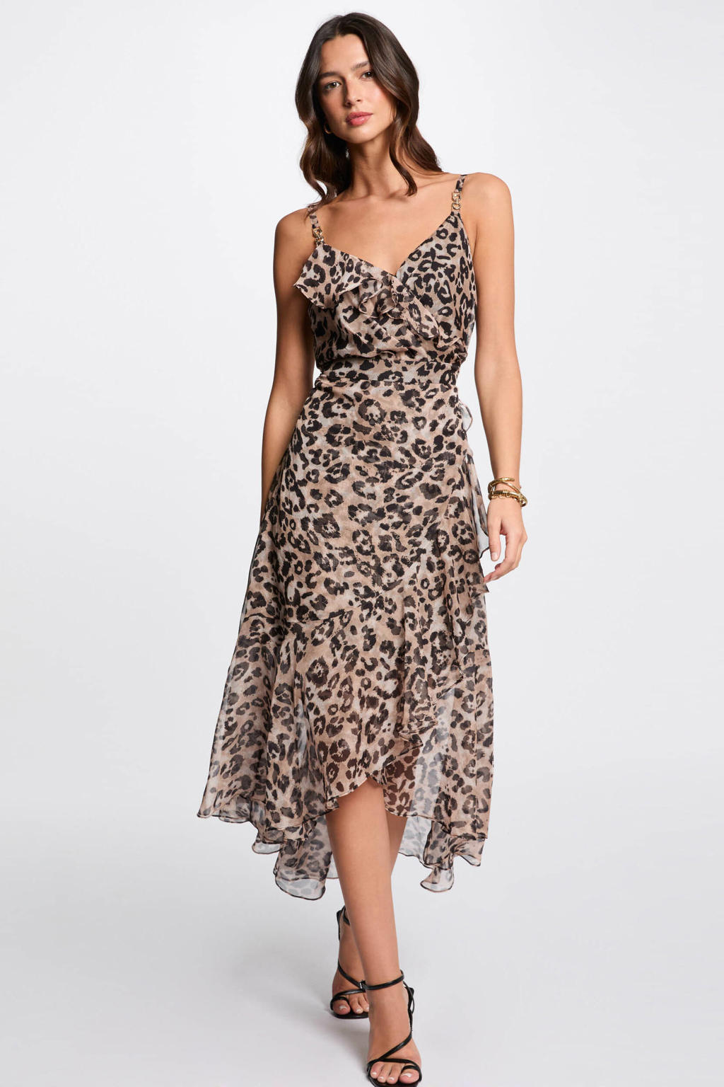 Beige en zwarte dames Morgan zomerjurk van polyester met dierenprint, spaghettibandjes en V-hals