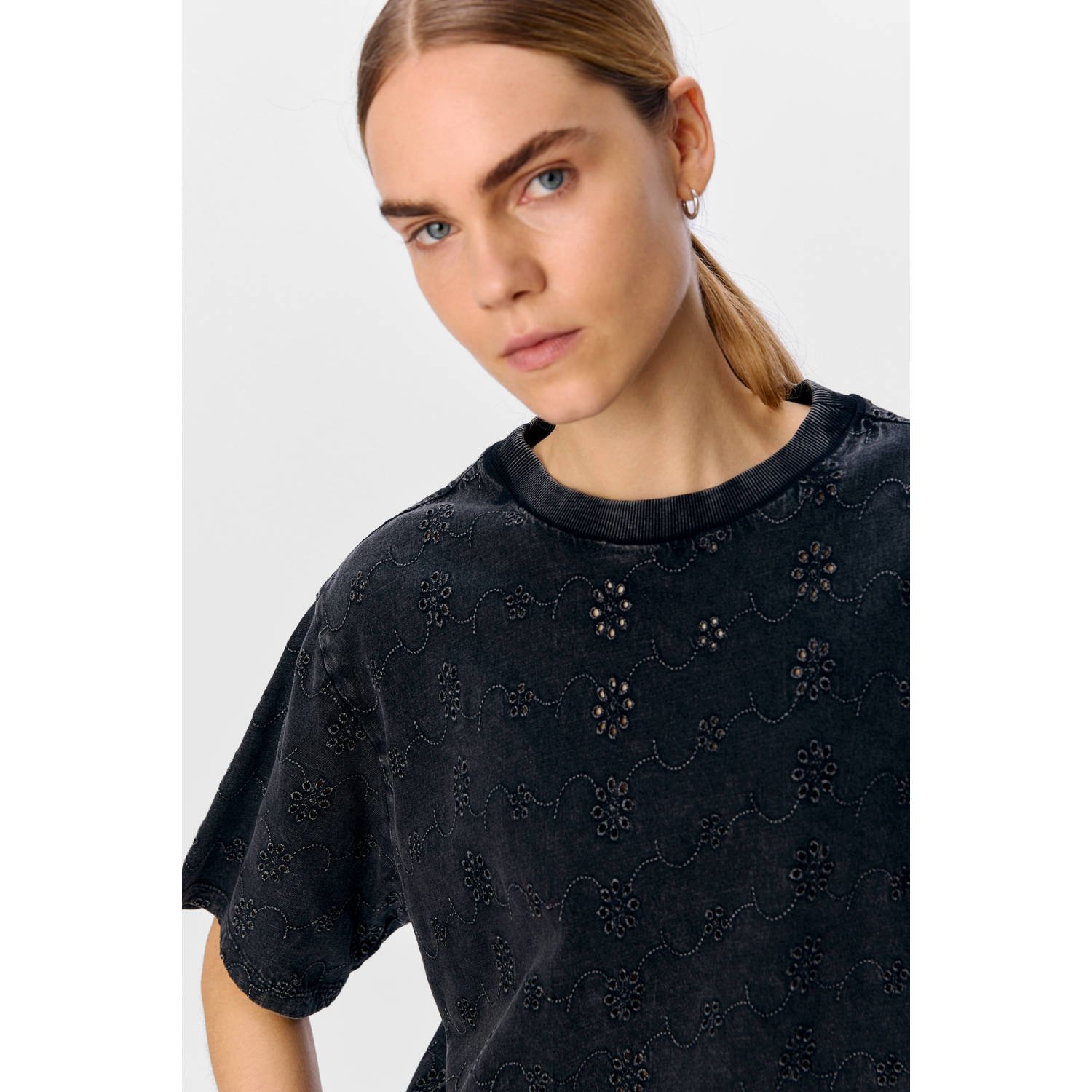 OBJECT T-shirt zwart broderie