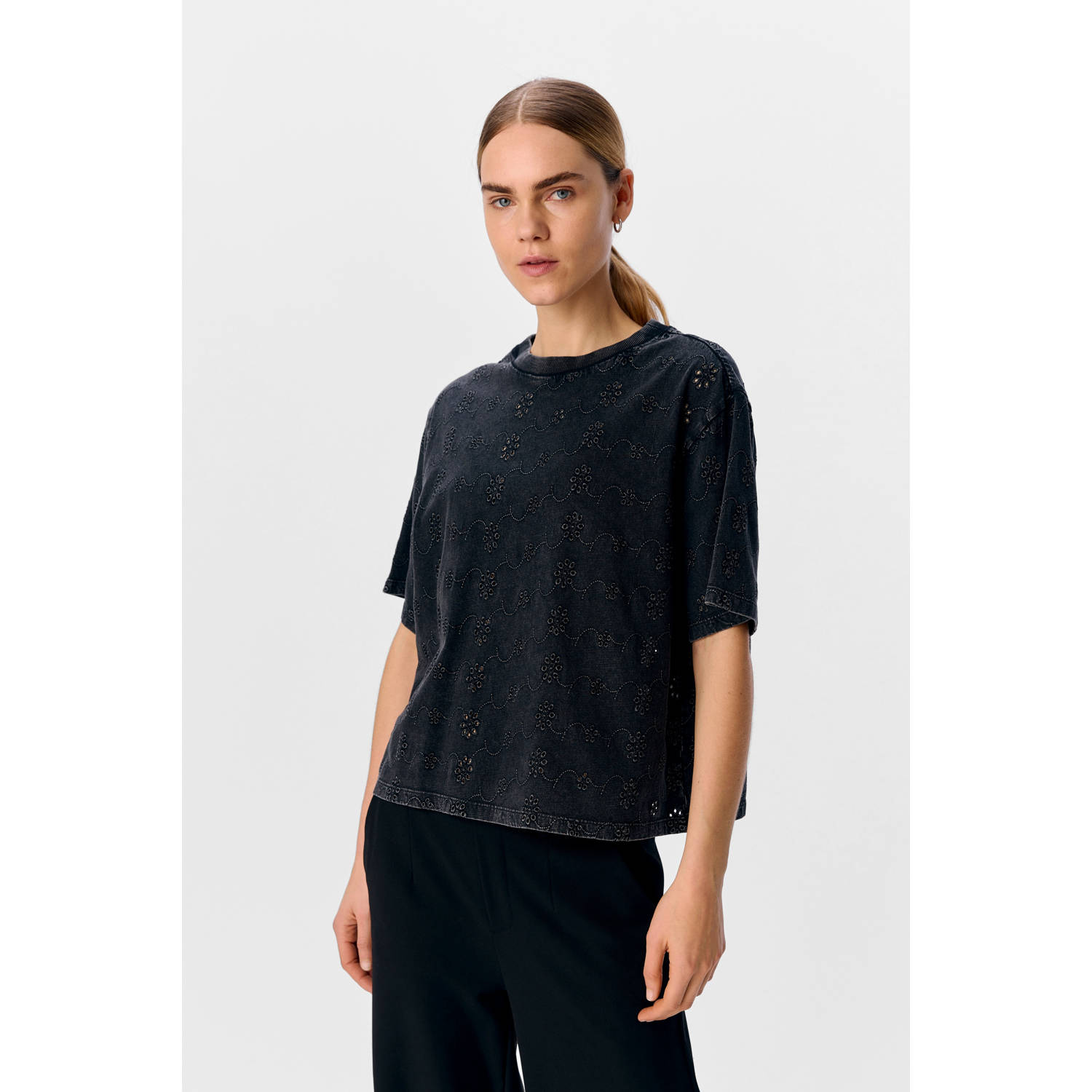 OBJECT T-shirt zwart broderie