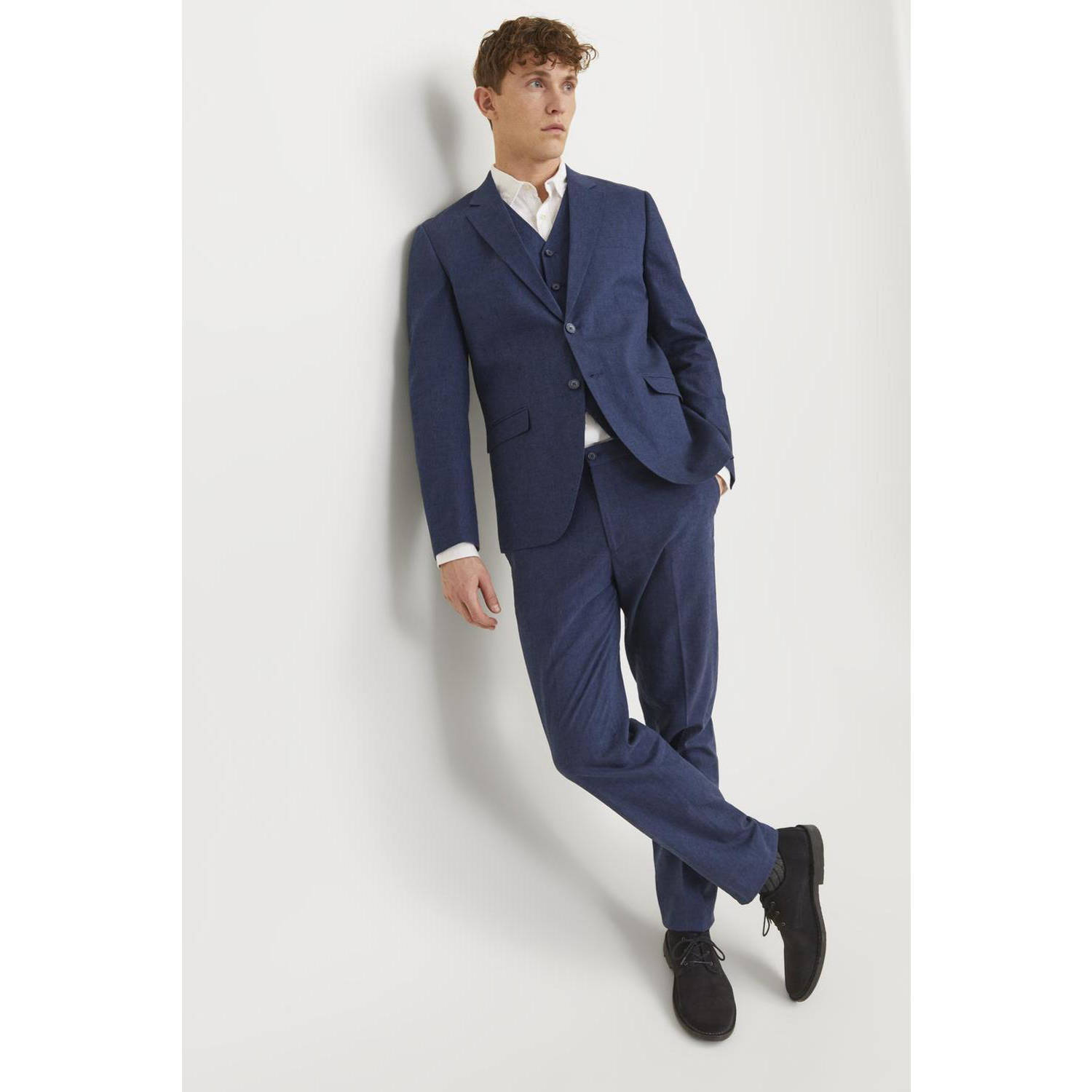 JACK & JONES PREMIUM gemêleerde slim fit pantalon JPRRIVIERA met linnen donkerblauw
