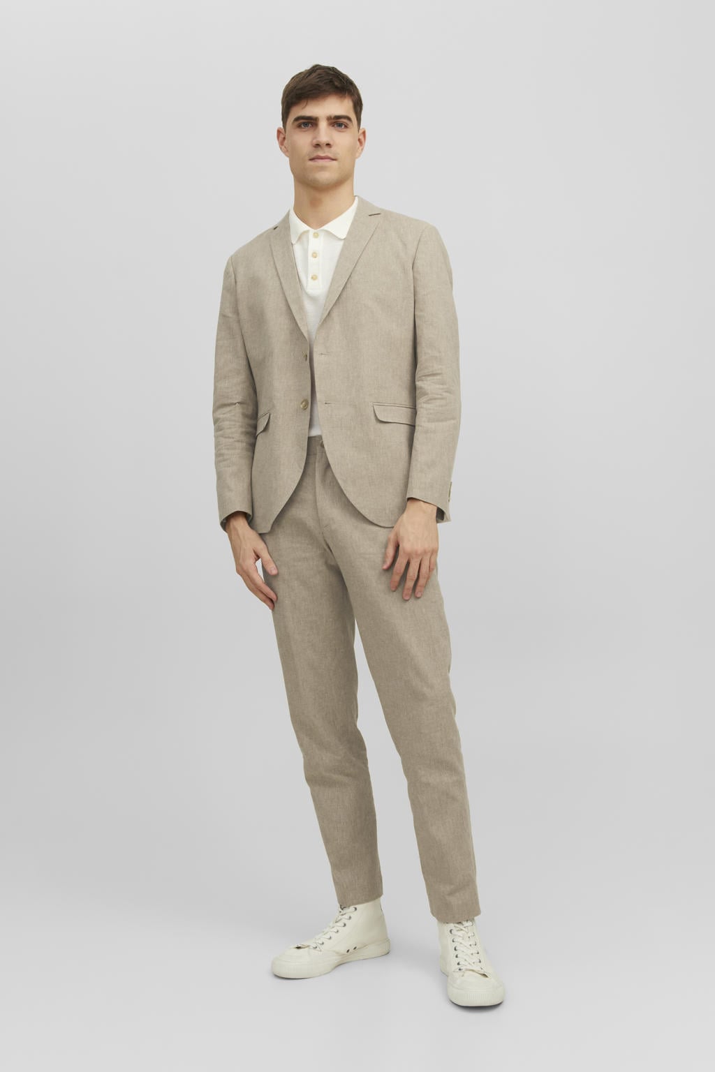 Beige heren JACK & JONES PREMIUM gemêleerd slim fit colbert met effen, reverskraag en gebreide details