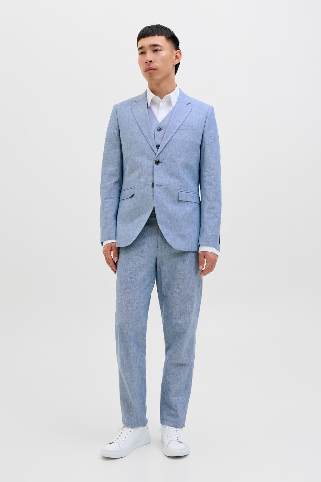 Donkerblauwe heren JACK & JONES PREMIUM gemêleerd slim fit colbert met effen, reverskraag en gebreide details