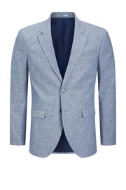 thumbnail: Blauwe heren JACK & JONES PREMIUM gemêleerd slim fit colbert van linnen met reverskraag en gebreide details