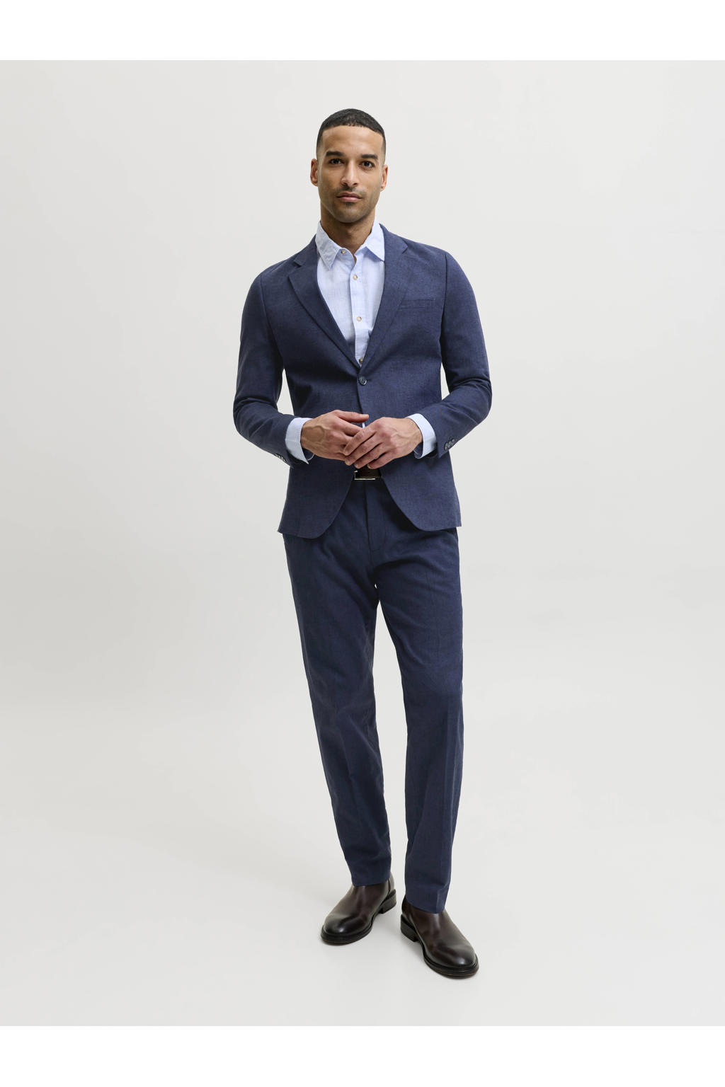 Donkerblauwe heren JACK & JONES PREMIUM gemêleerd slim fit colbert met melée print, reverskraag en gebreide details