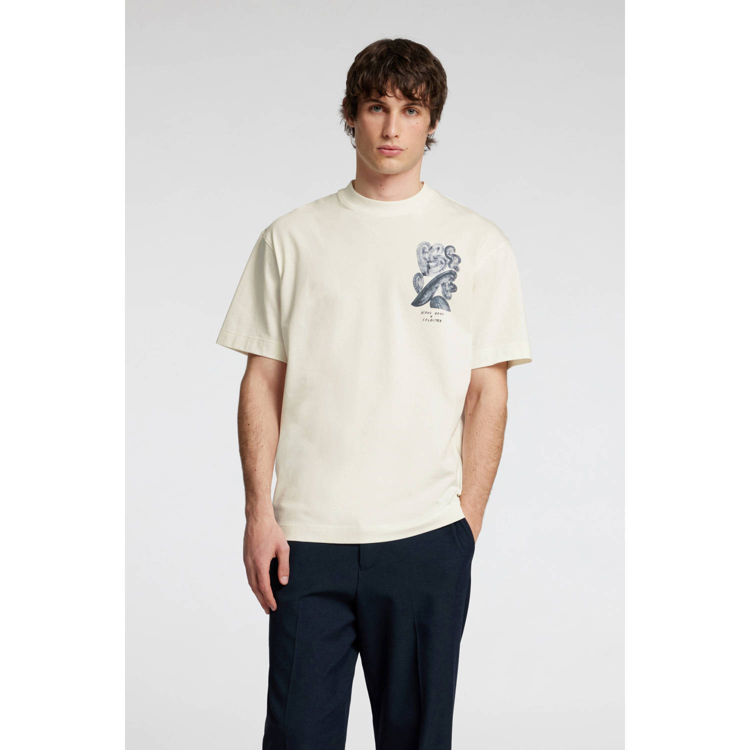 SELECTED HOMME Heren Polo's & T-shirts Slhrelaxwill License Ss O-neck Tee Gebroken Wit