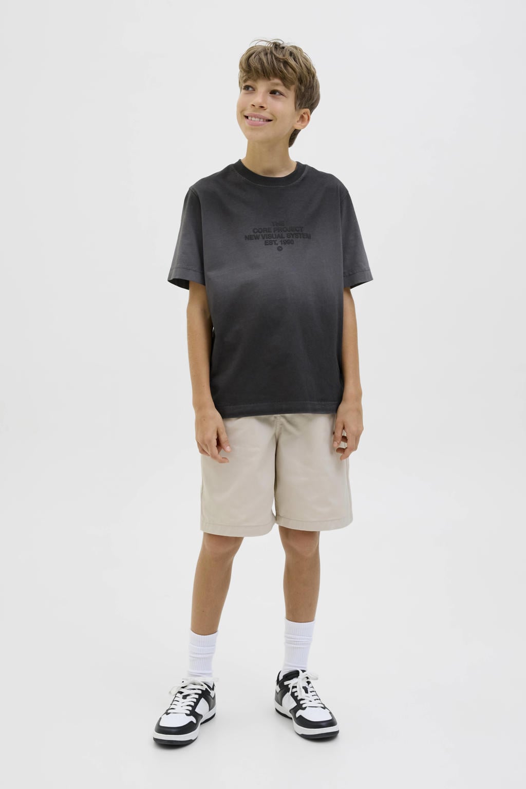 Beige jongens JACK & JONES JUNIOR loose casual short van polyester met regular waist, rits- en knoopsluiting en effen