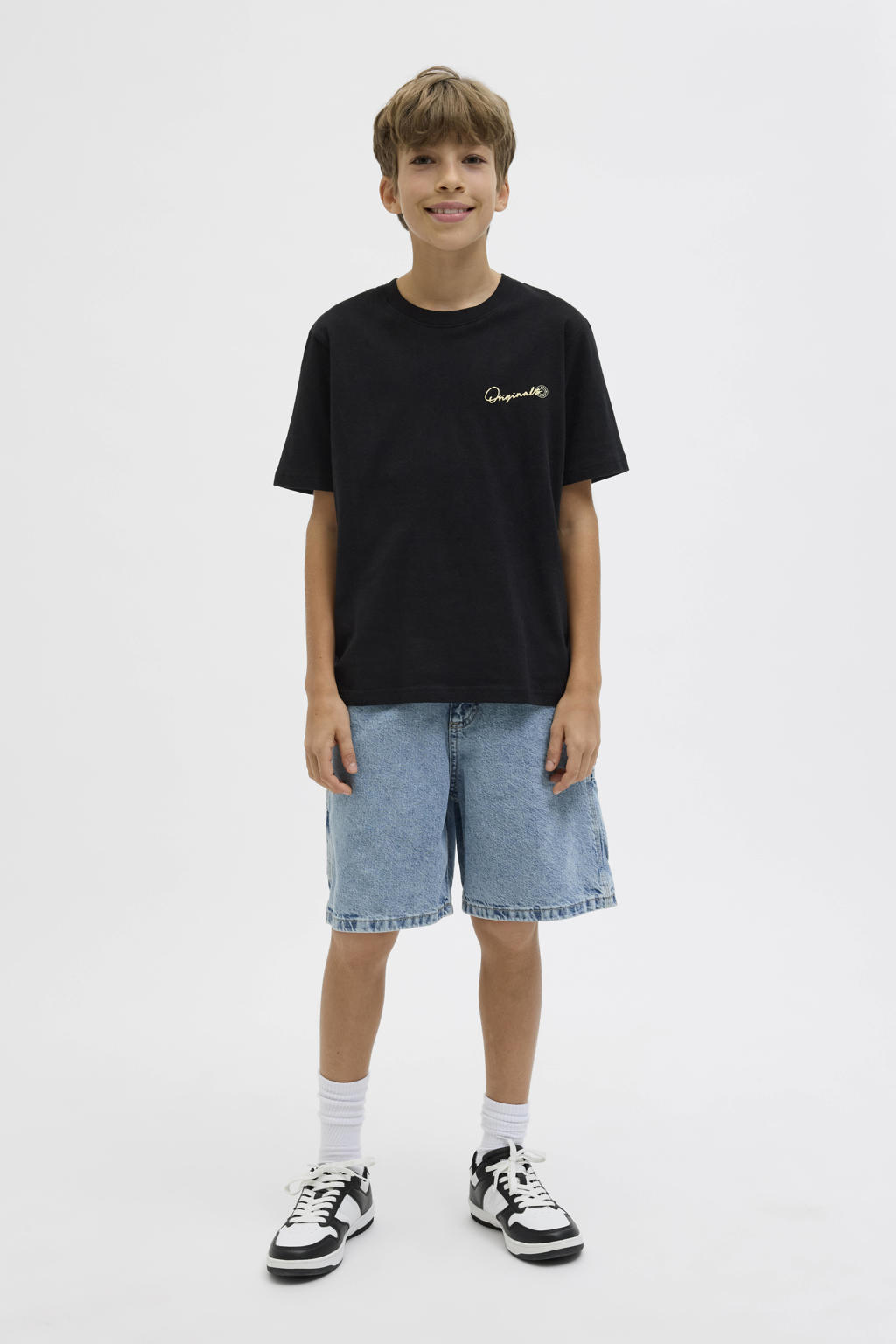 Zwarte jongens JACK & JONES JUNIOR T-shirt van katoen met backprint, korte mouwen en ronde hals