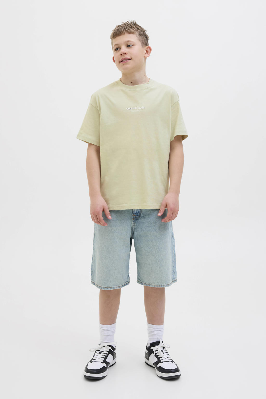 Groene jongens JACK & JONES JUNIOR T-shirt van katoen met tekst print, korte mouwen en ronde hals