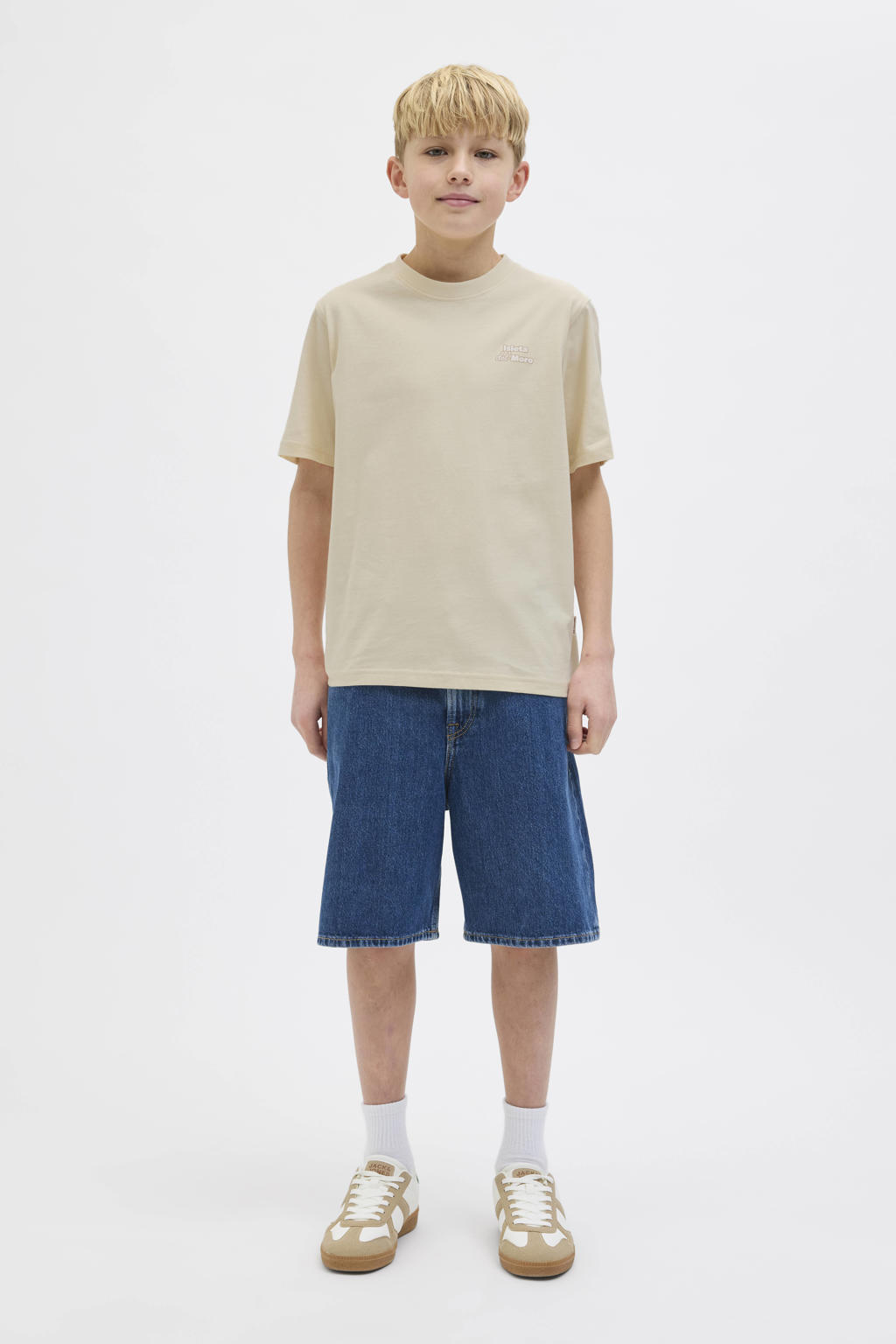 Ecru jongens JACK & JONES JUNIOR T-shirt van katoen met backprint, korte mouwen en ronde hals