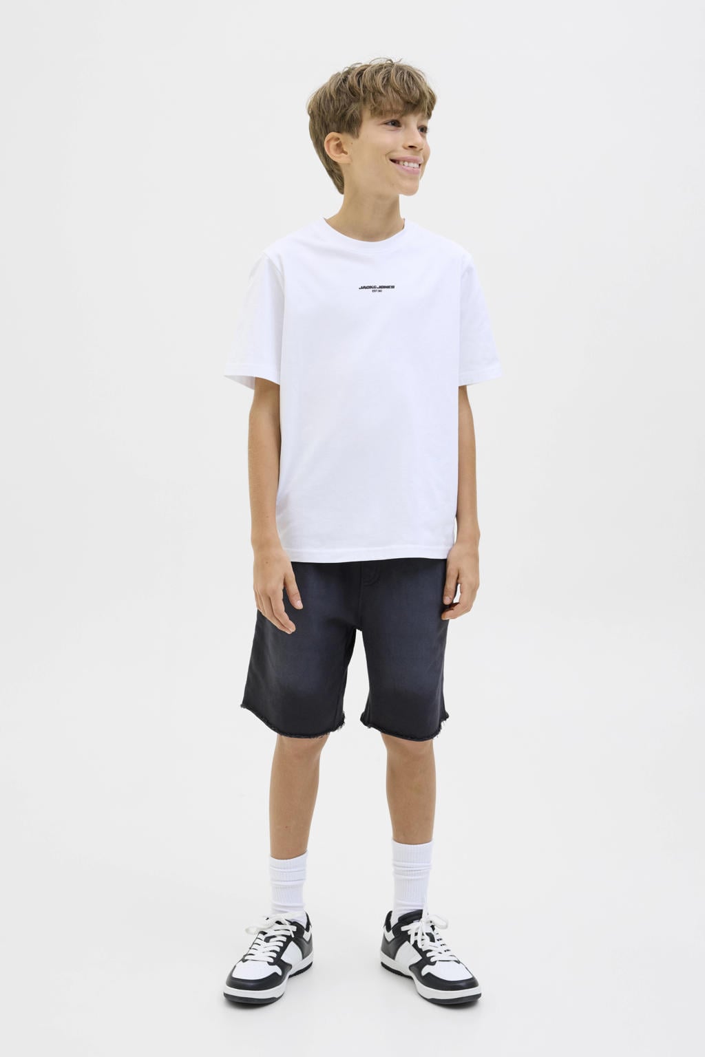 Grijze jongens JACK & JONES JUNIOR relaxed casual short van sweat materiaal met elastische tailleband met koord en effen