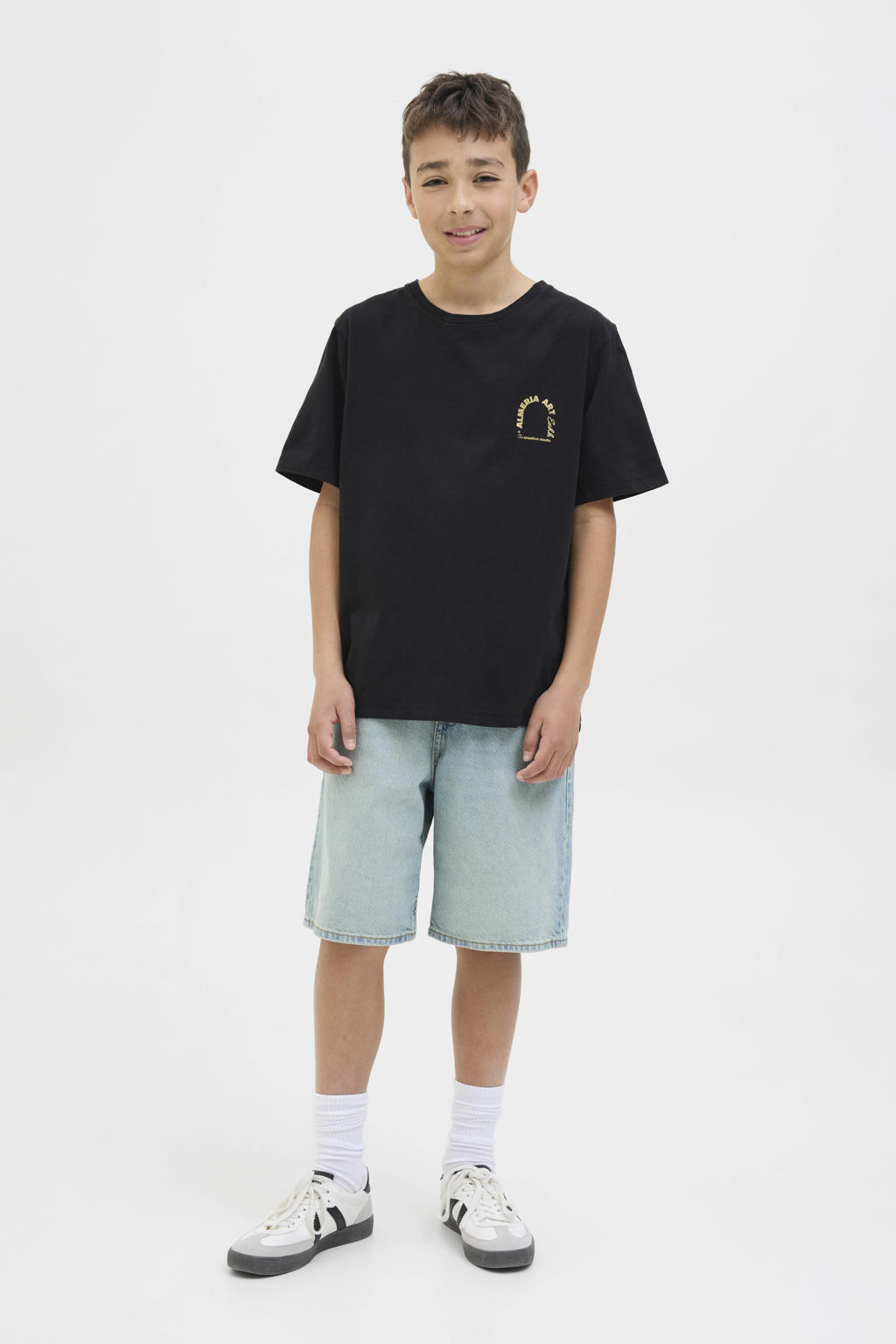 Zwarte jongens JACK & JONES JUNIOR T-shirt van katoen met backprint, korte mouwen en ronde hals