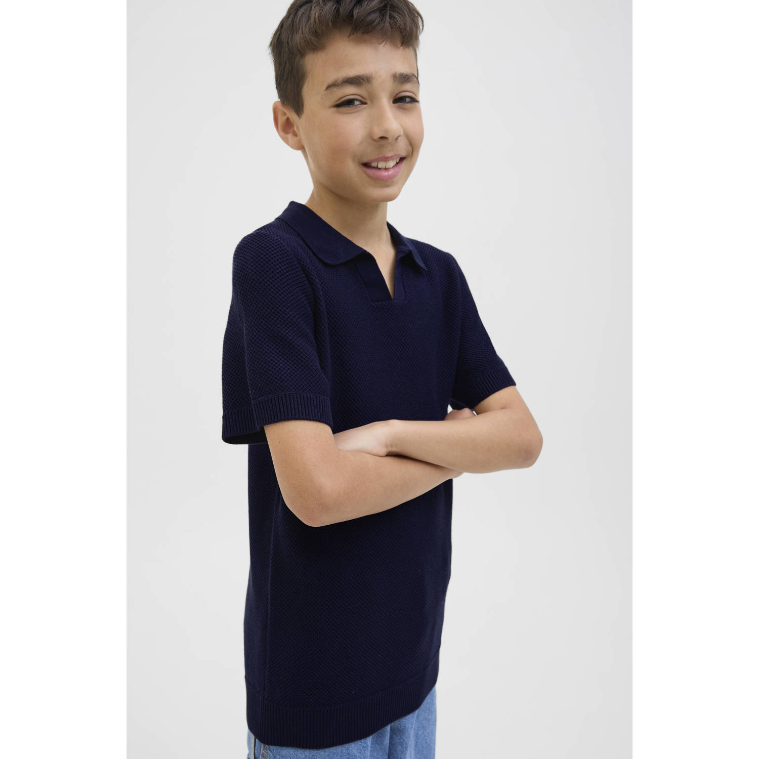 JACK & JONES JUNIOR polo donkerblauw fijn gebreid