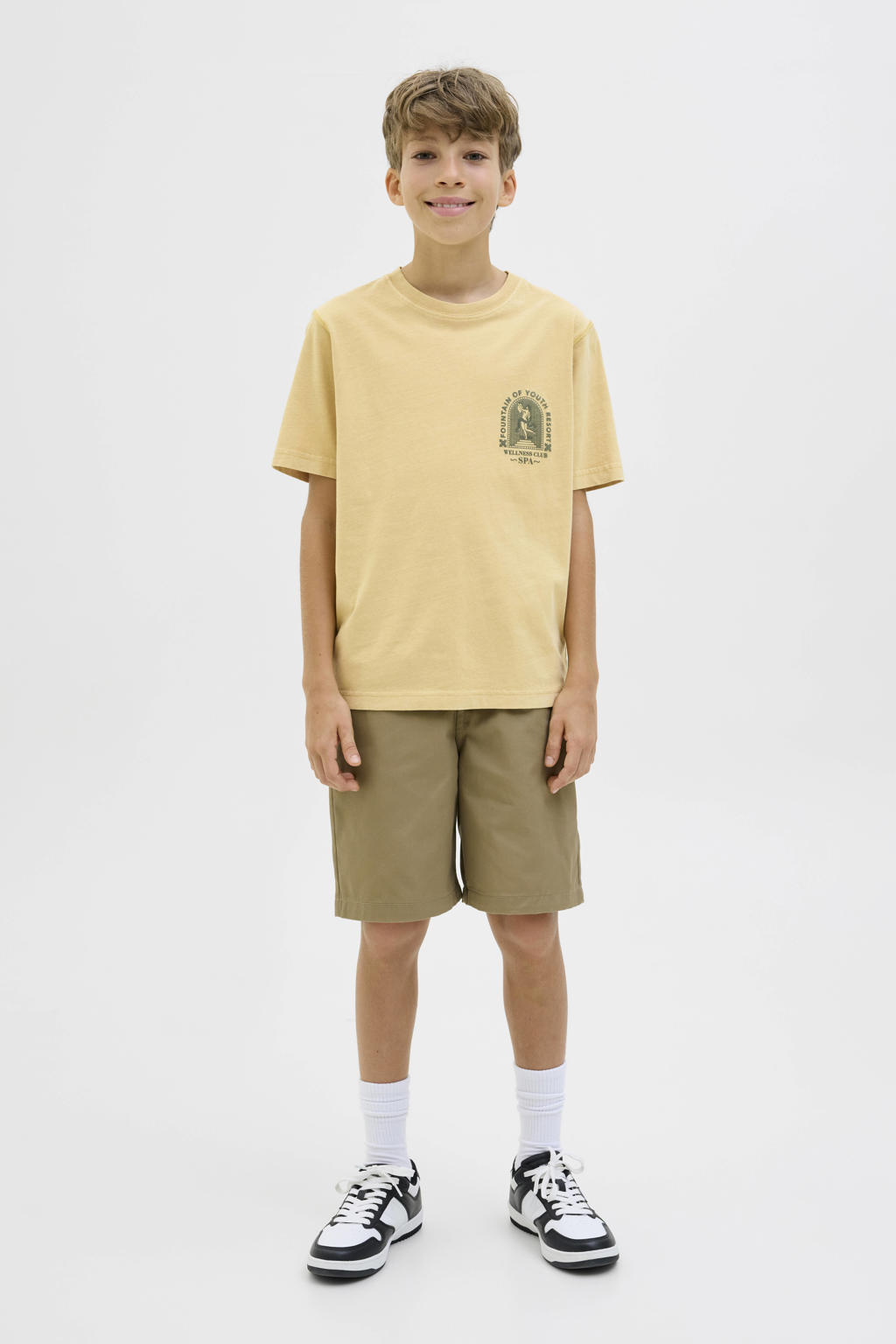 Lichtbruine jongens JACK & JONES JUNIOR T-shirt van katoen met printopdruk, korte mouwen en ronde hals